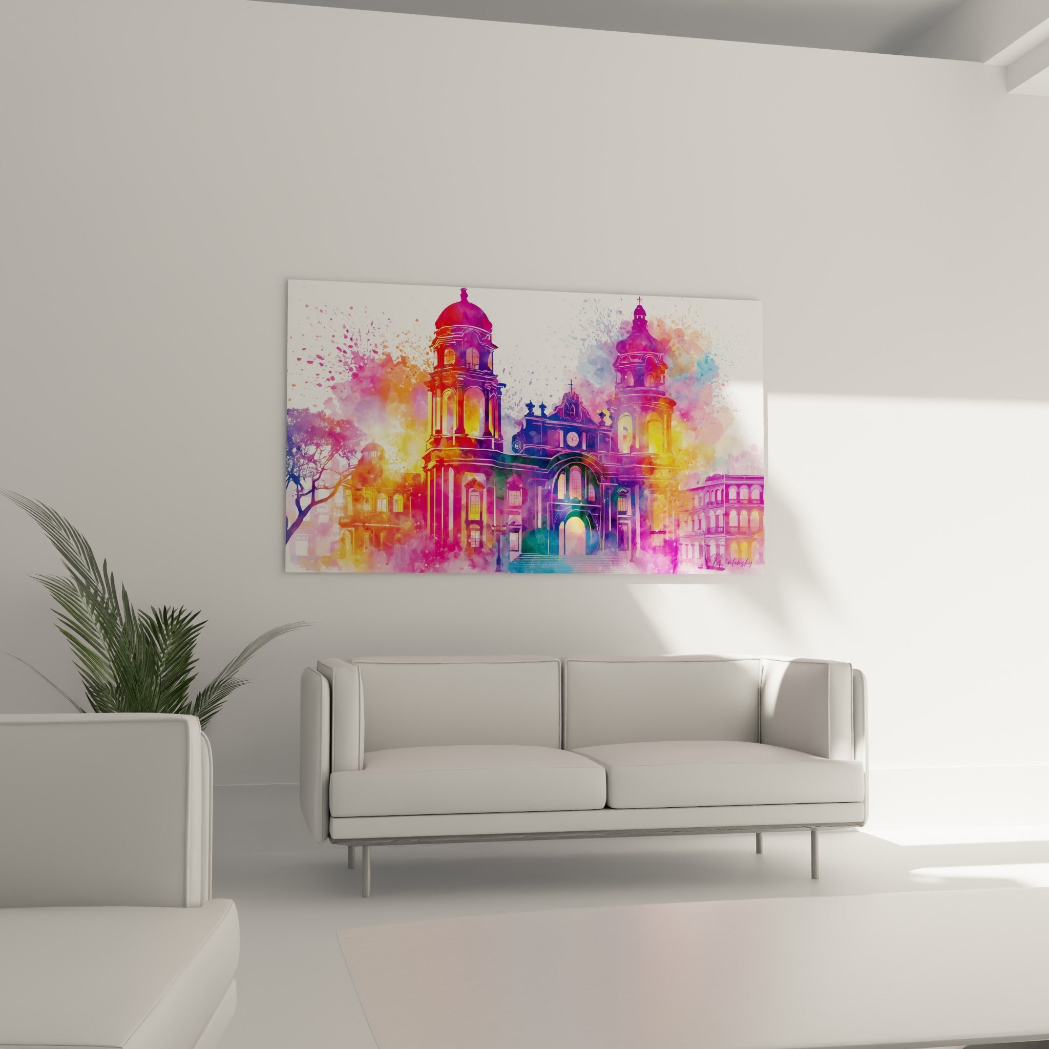 Clochers dorés et roses éclaboussés de violet, disposés au-dessus d'un canapé dans un salon lumineux
