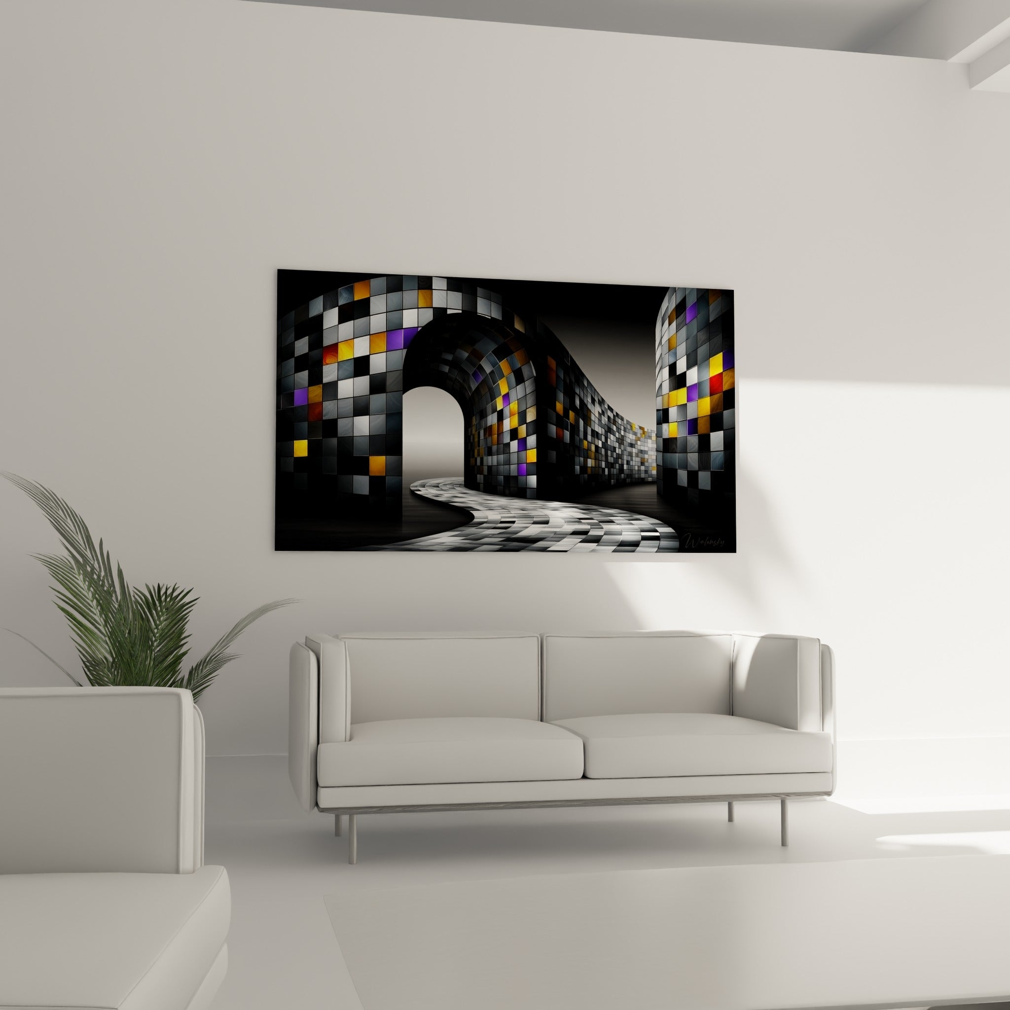 Couloir mosaïqué anthracite et doré d'une architecture abstraite au-dessus d'un canapé dans un salon lumineux