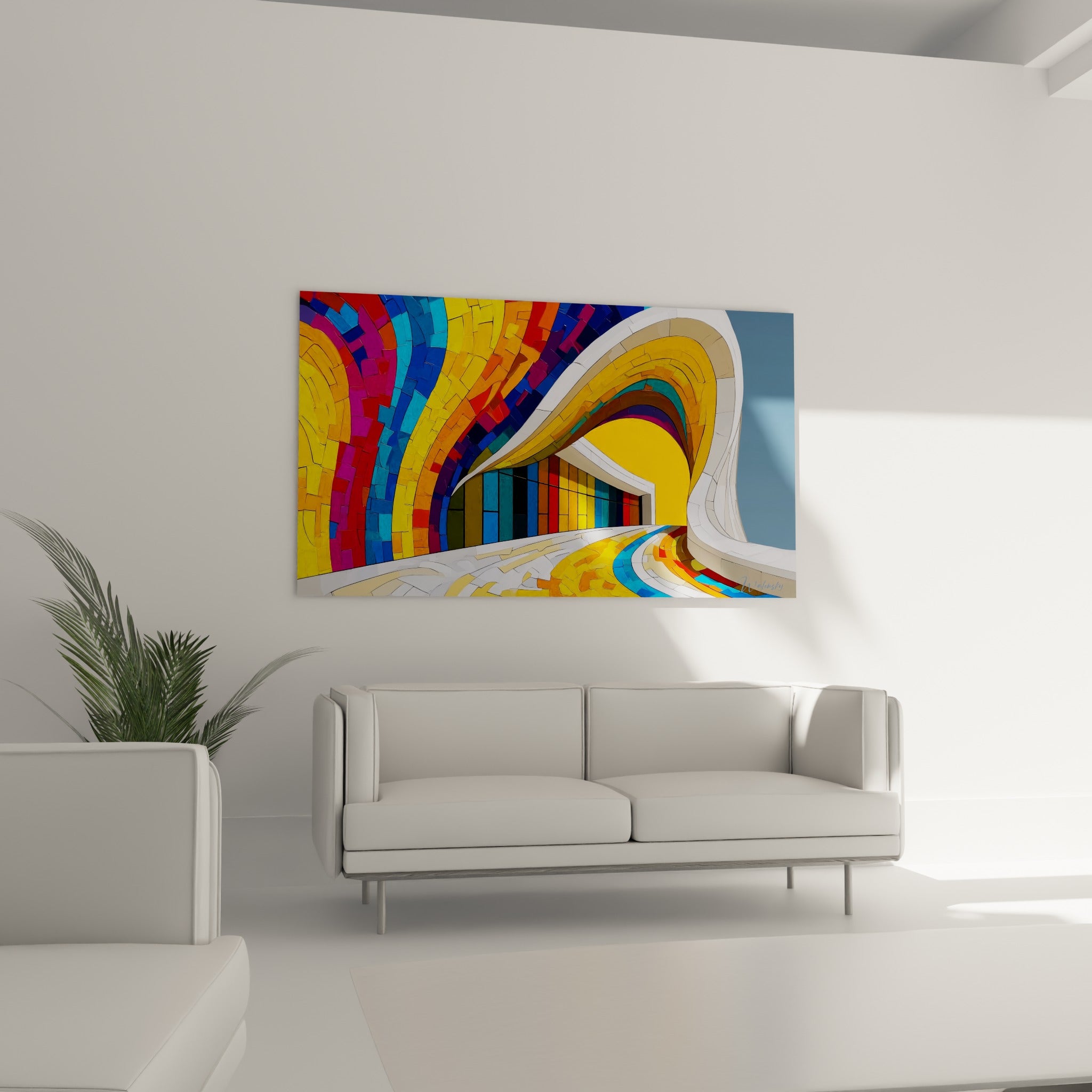 Couloir doré en mosaïque colorée d'architecture abstraite au-dessus d'un canapé dans un salon lumineux