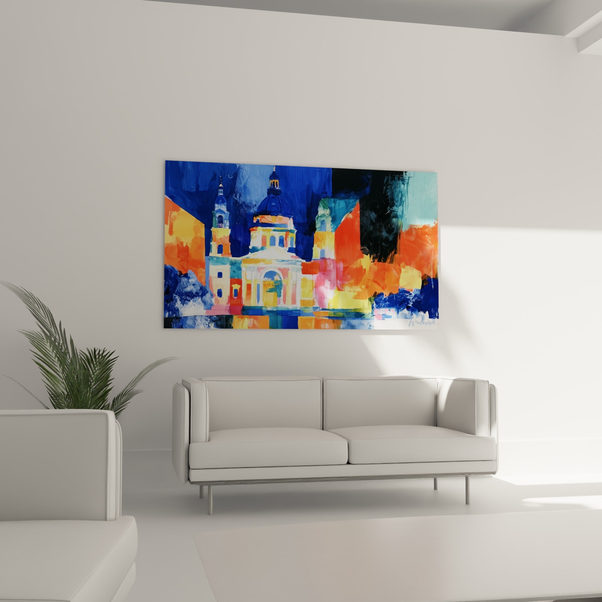 Coupole et clochers en camaïeu turquoise et jaune doré, au-dessus d'un canapé dans un salon lumineux