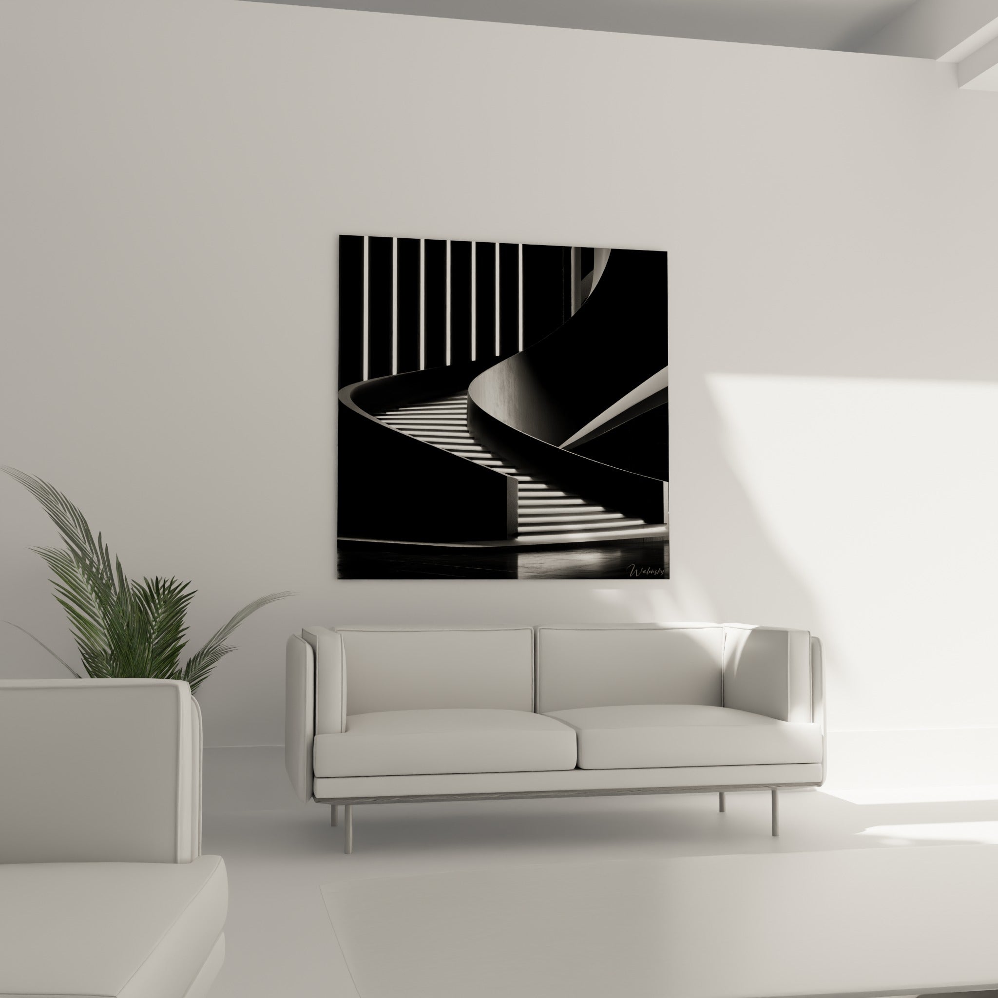 Courbes noires et éclat blanc de l'escalier suspendues au-dessus d'un canapé dans un salon lumineux