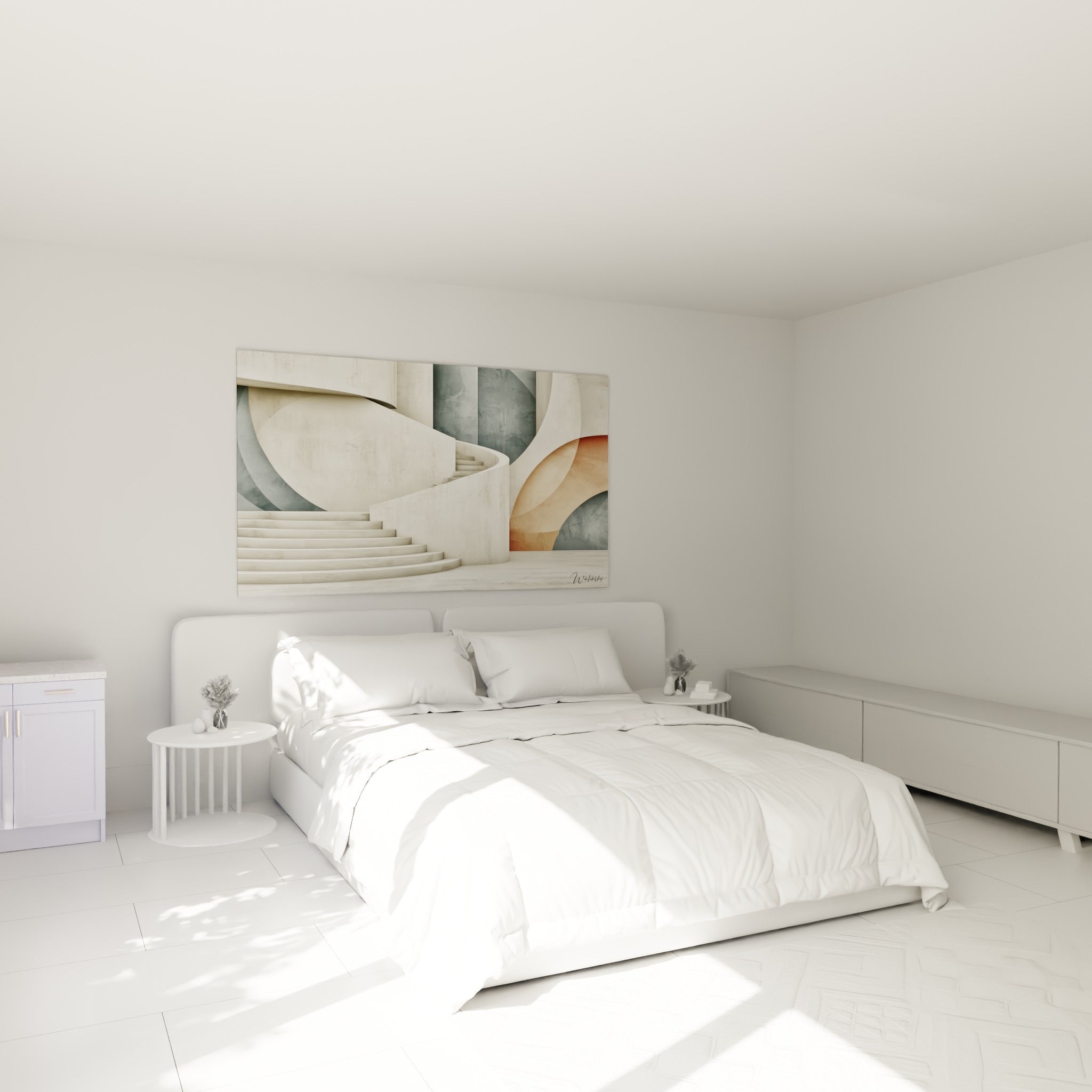 Volute d'escalier beige et panneaux bleu ardoise accrochés au-dessus d'un lit dans une chambre claire