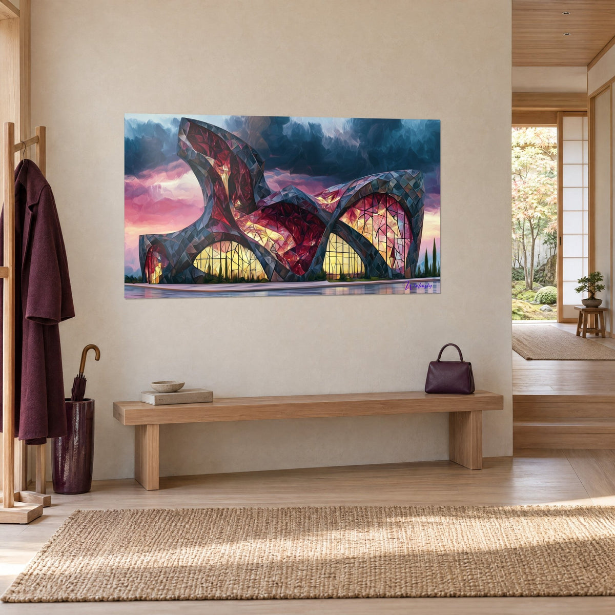 Quadro edificio dalle curve ondulate, vetrate giallo oro e cielo viola tempestoso, visto di tre quarti accanto a una panca di legno