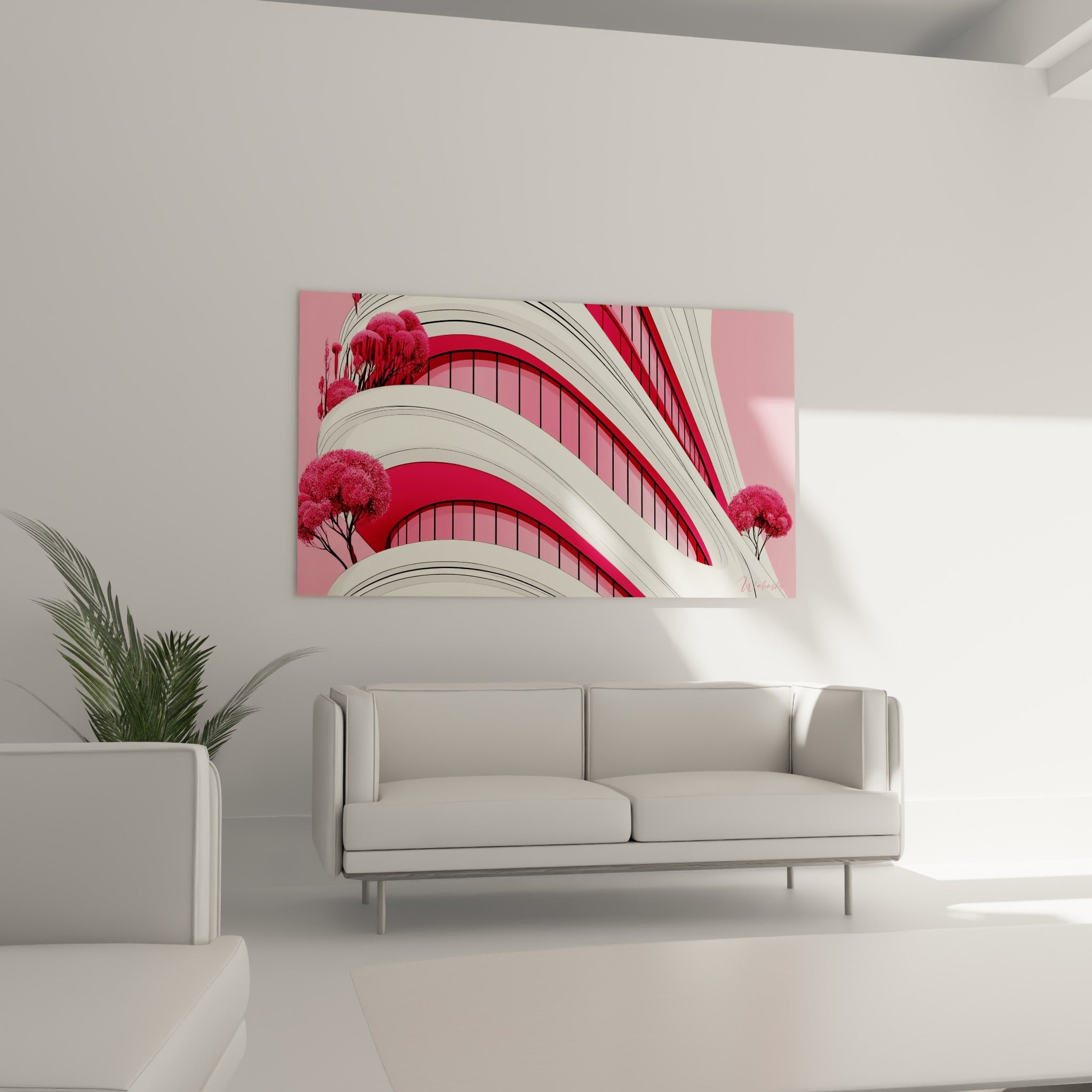 Structure architecturale rose et blanche disposée au-dessus d'un canapé dans un salon lumineux
