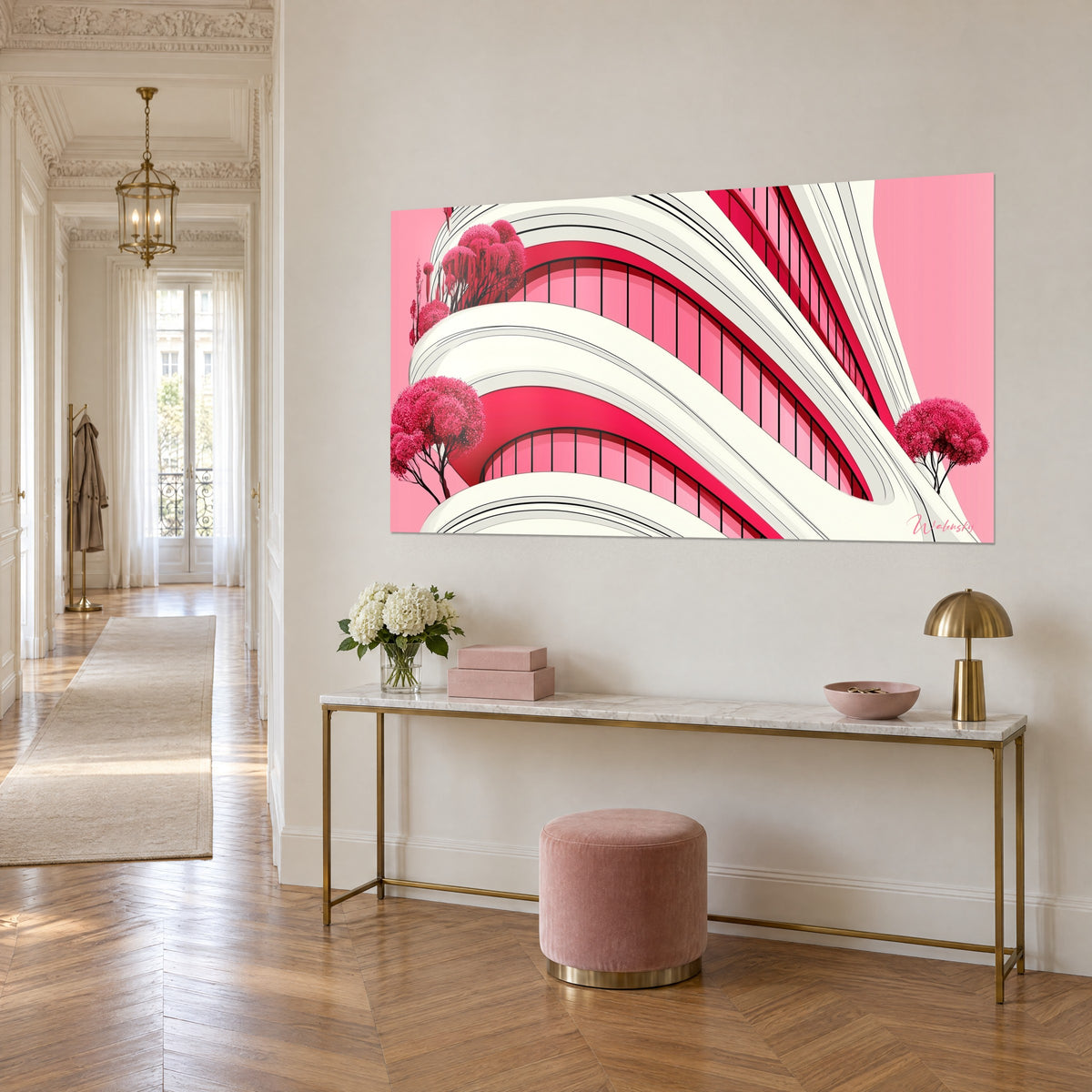 Tableau façade ondulante aux courbes ivoire et rouge framboise, deux arbres roses, console dorée, appartement haussmannien