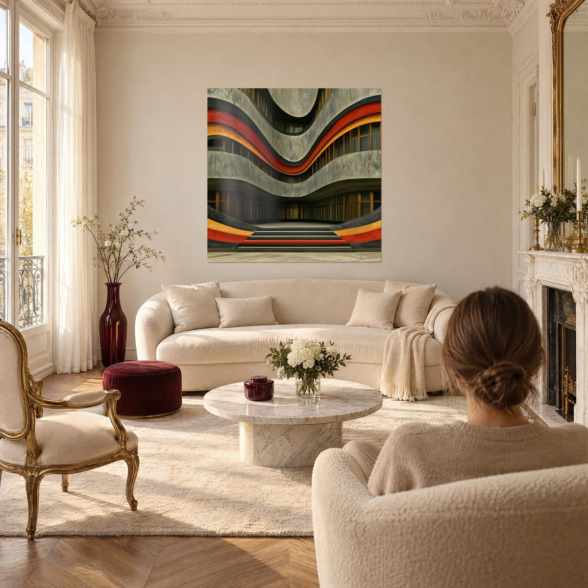 Tableau façade ondulante aux bandes rouges et ocre sur béton gris, vue par une femme, au-dessus d'un canapé dans un salon lumineux