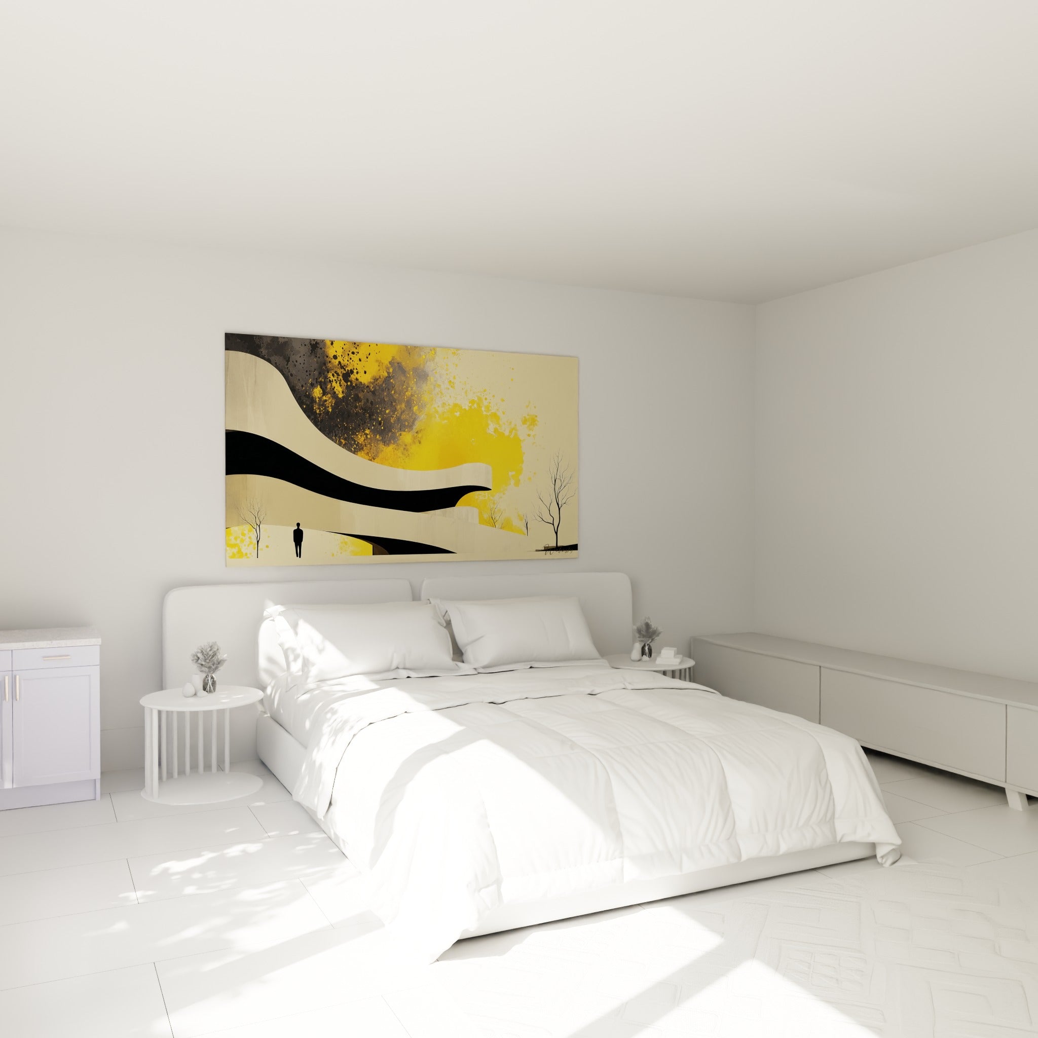 Vagues noires et éclats jaune moutarde d'une architecture abstraite au-dessus d'un lit dans une chambre claire