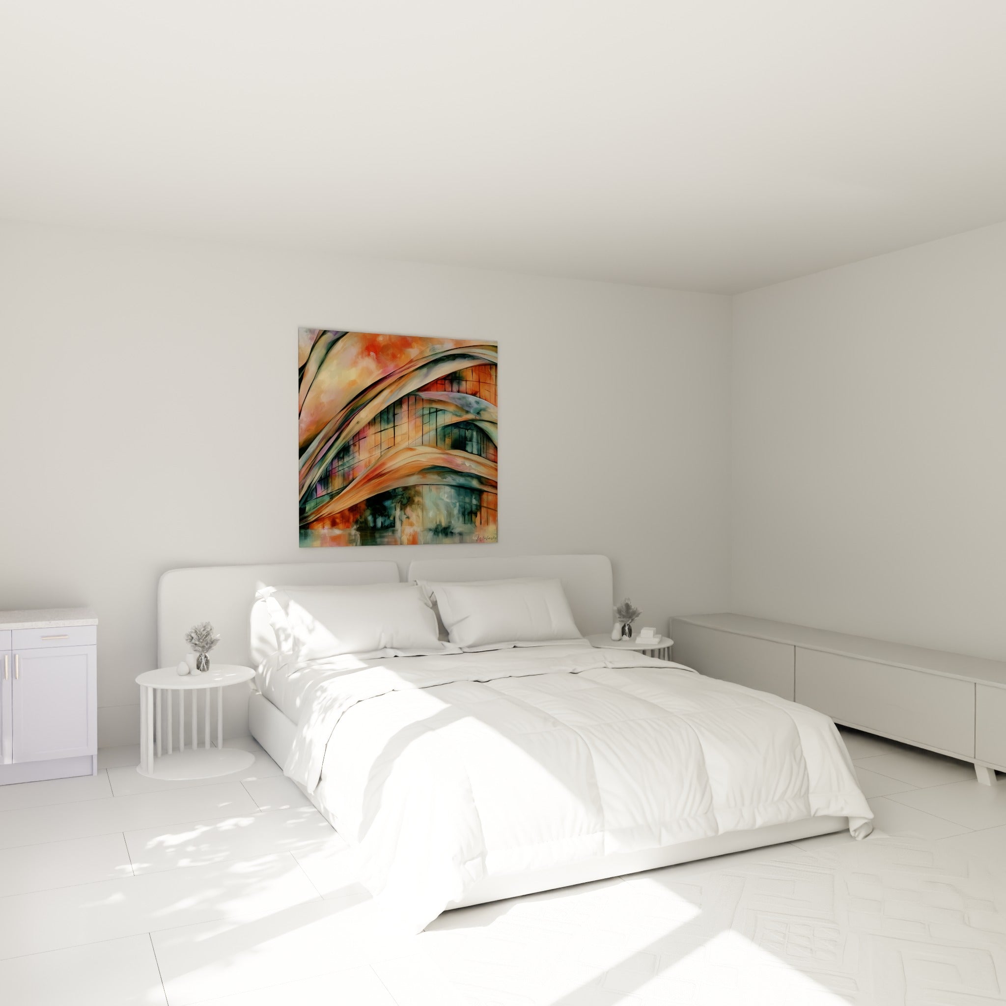 Verrière abstraite terracotta et sarcelle accrochée au-dessus d'un lit dans une chambre claire
