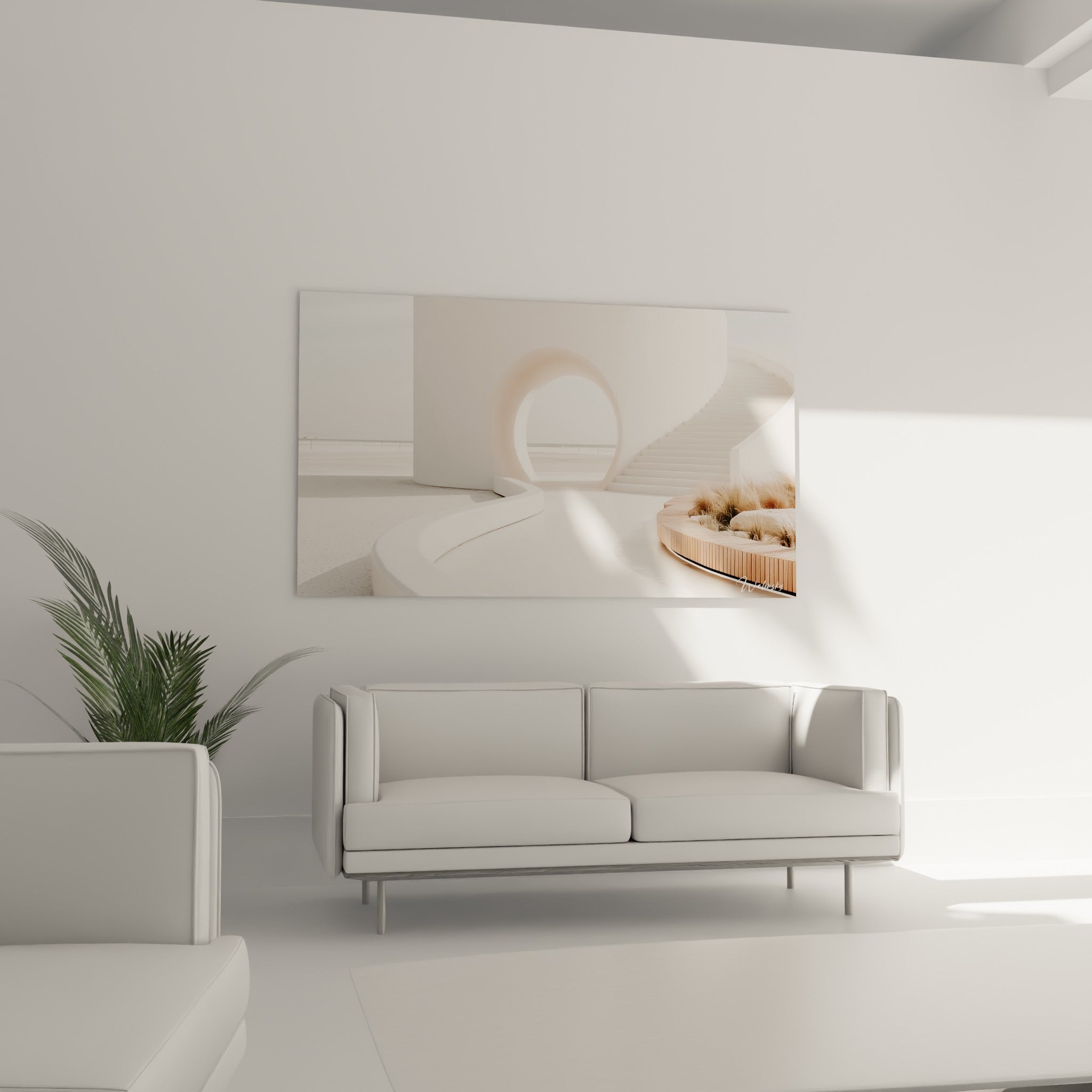 Arche ovale blanche et escalier beige de l'architecture abstraite au-dessus d'un canapé dans un salon lumineux