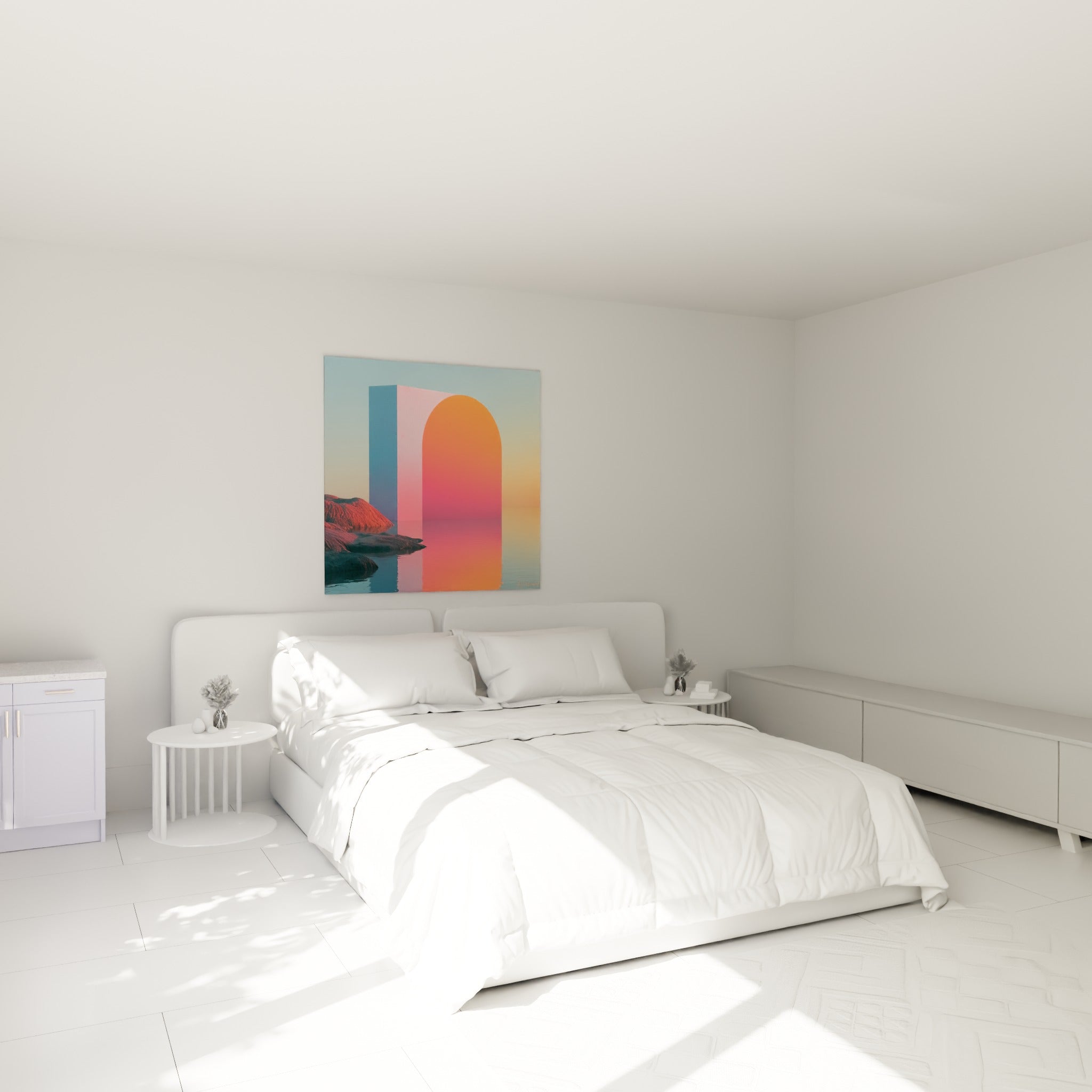 Composition géométrique orange, corail et bleu pastel accrochée au-dessus d'un lit dans une chambre claire