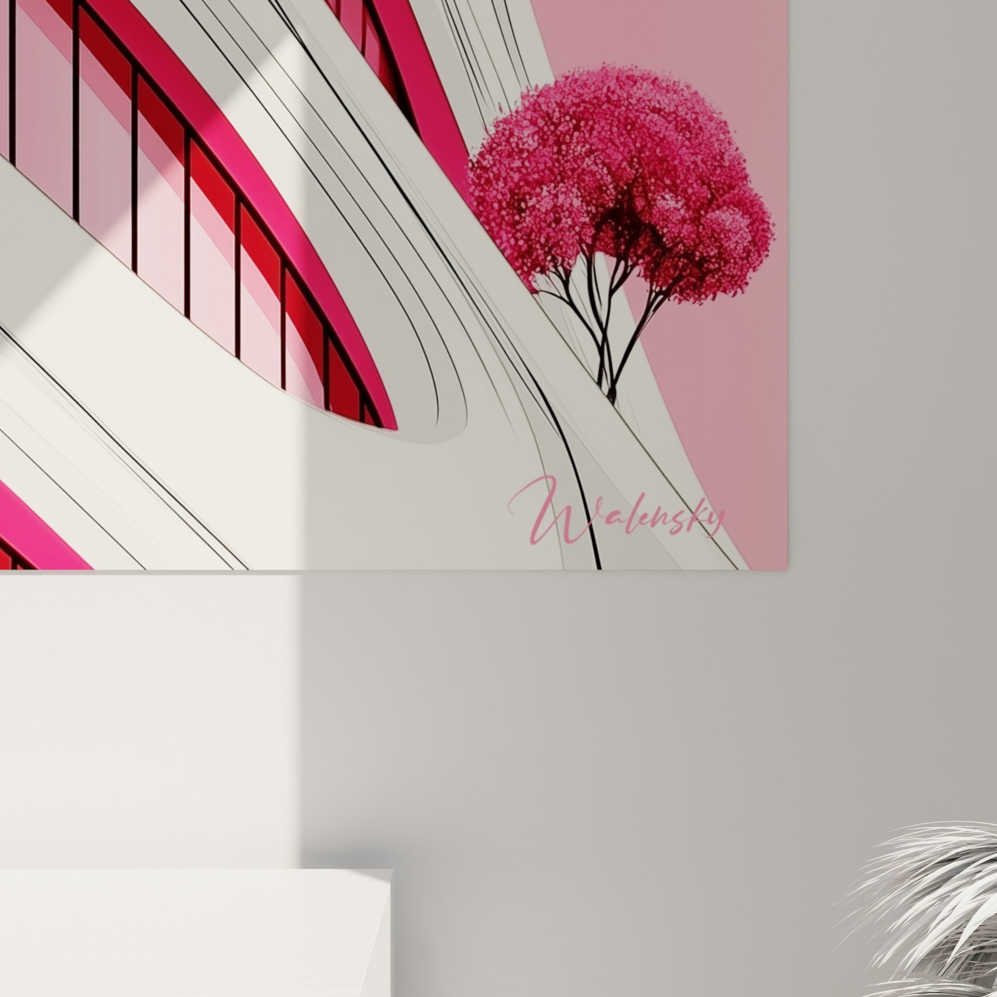 Détail des courbes blanches et du rose fuchsia intense révélant le grain de l'impression et les traits fins