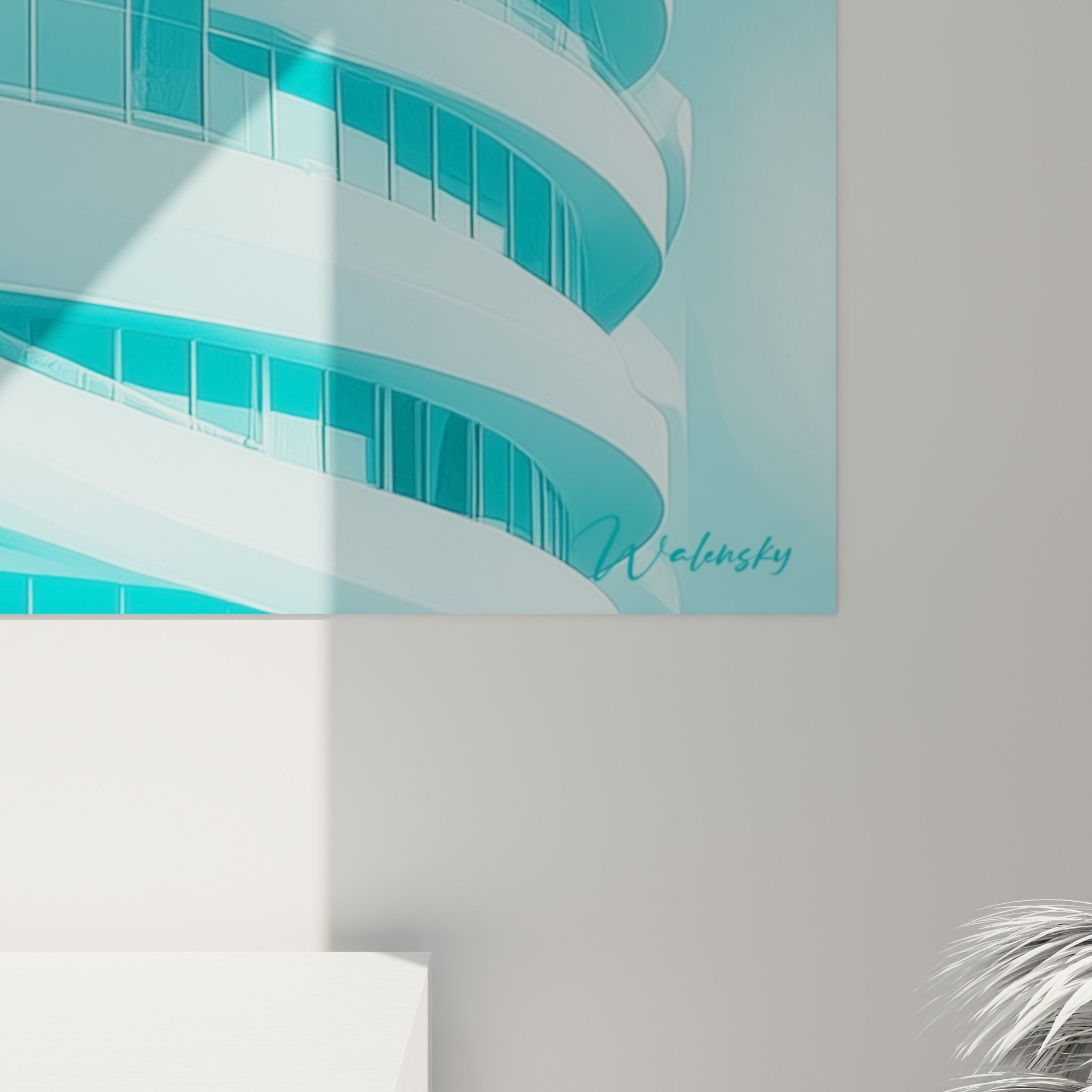 Détail des empâtements bleu pastel et blancs, grain lisse et coulures satinées de la façade ondulante