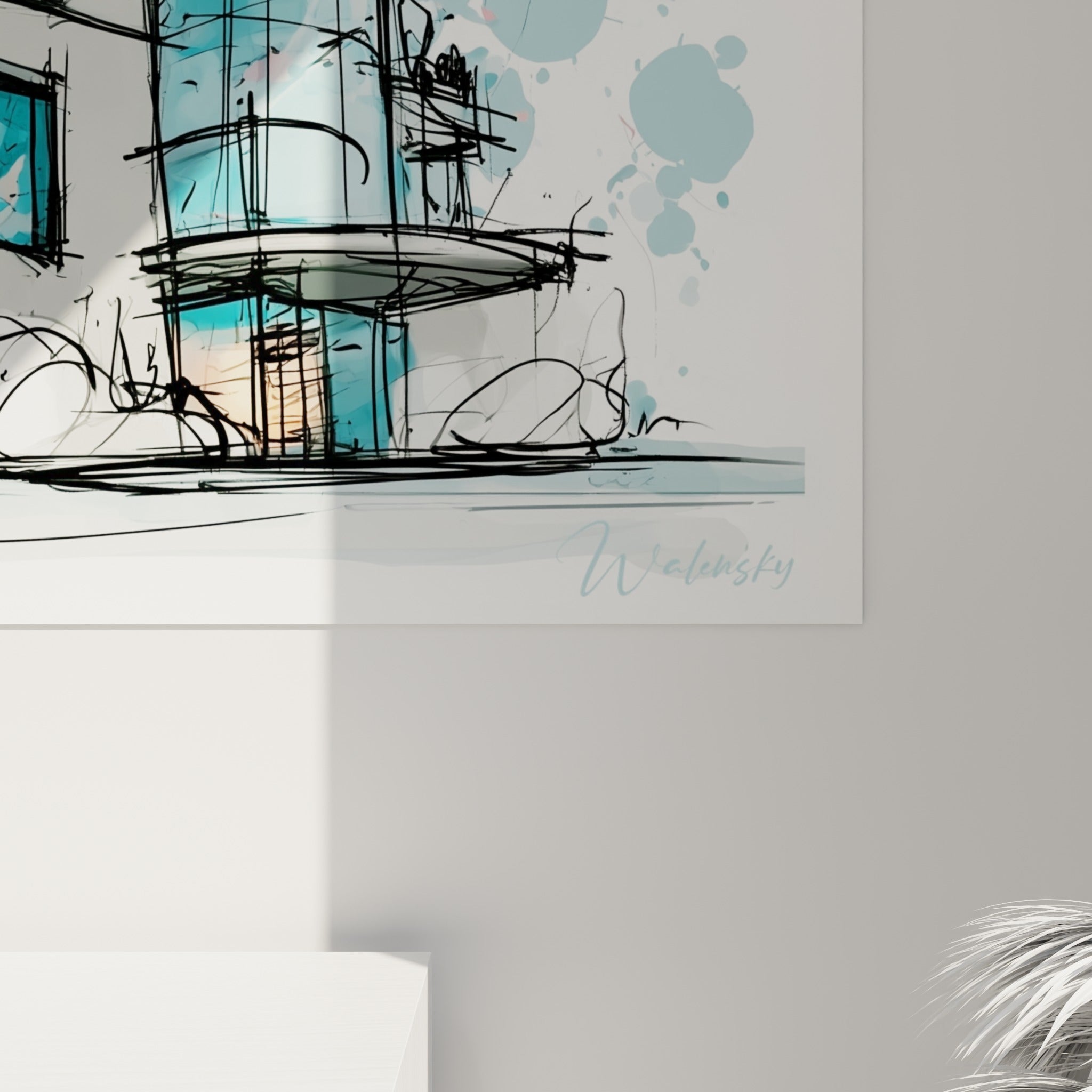 Détail du grain pictural bleu turquoise et des traits noirs esquissés sur la toile architecturale