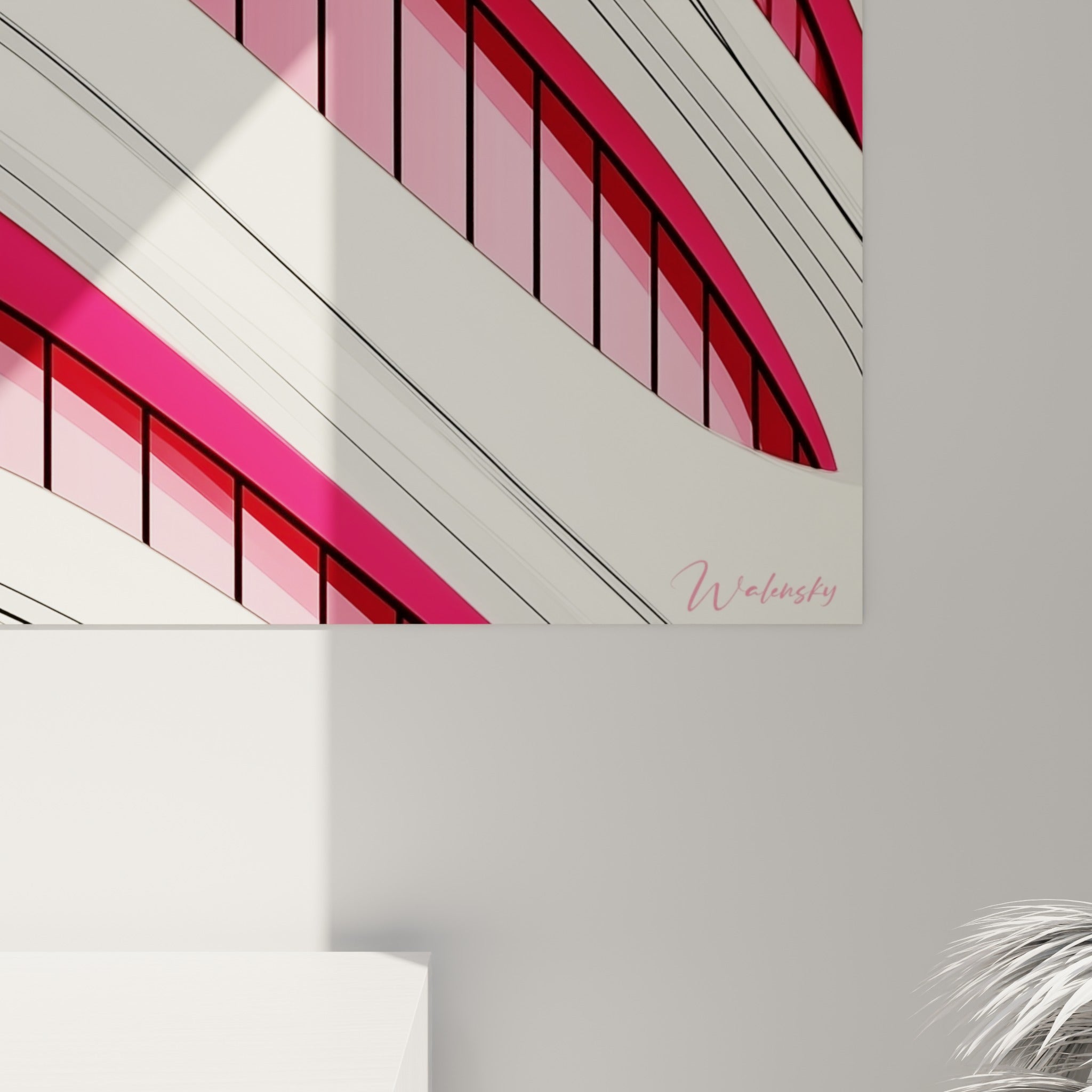 Détail rapproché des vitrages roses et bandeaux blancs, révélant le grain et les nuances de l'impression