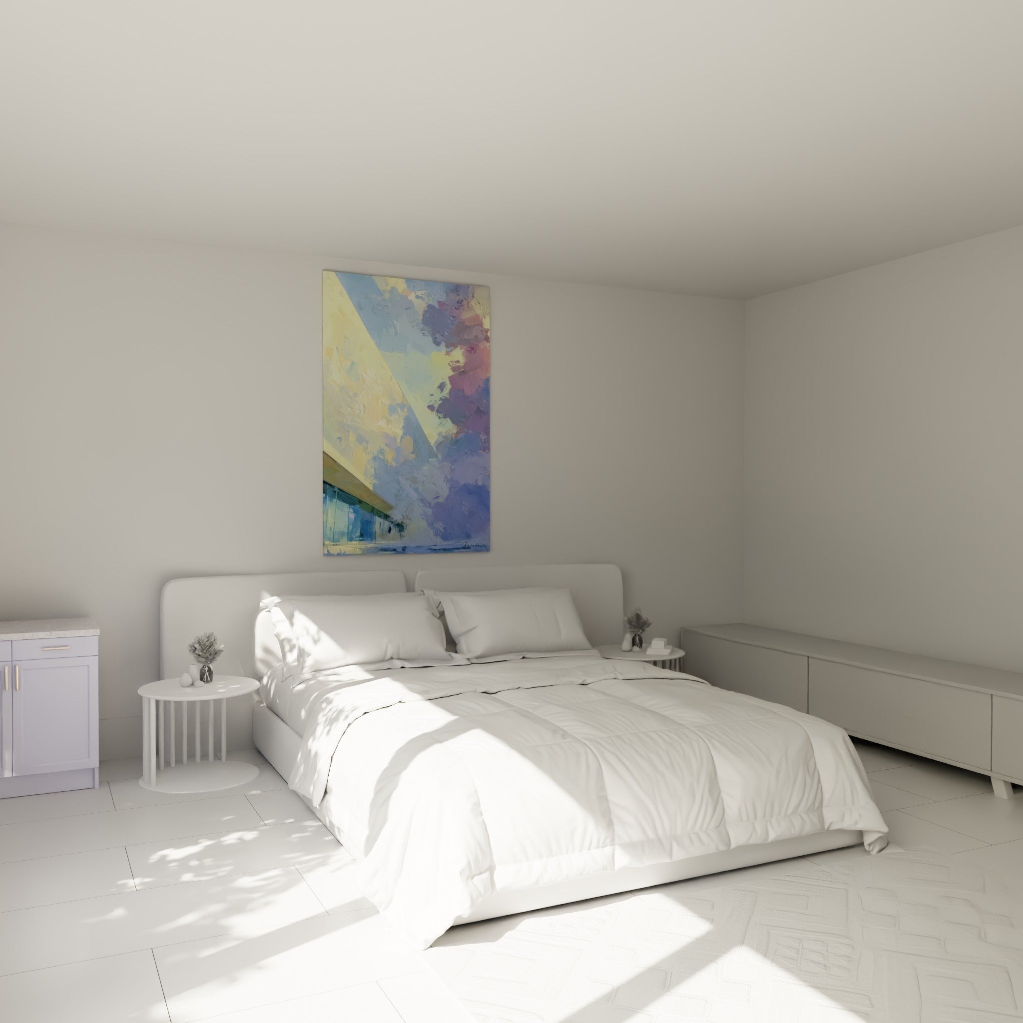Diagonale dorée et nuages mauves de ce tableau architecture abstraite au-dessus d'un lit dans une chambre claire