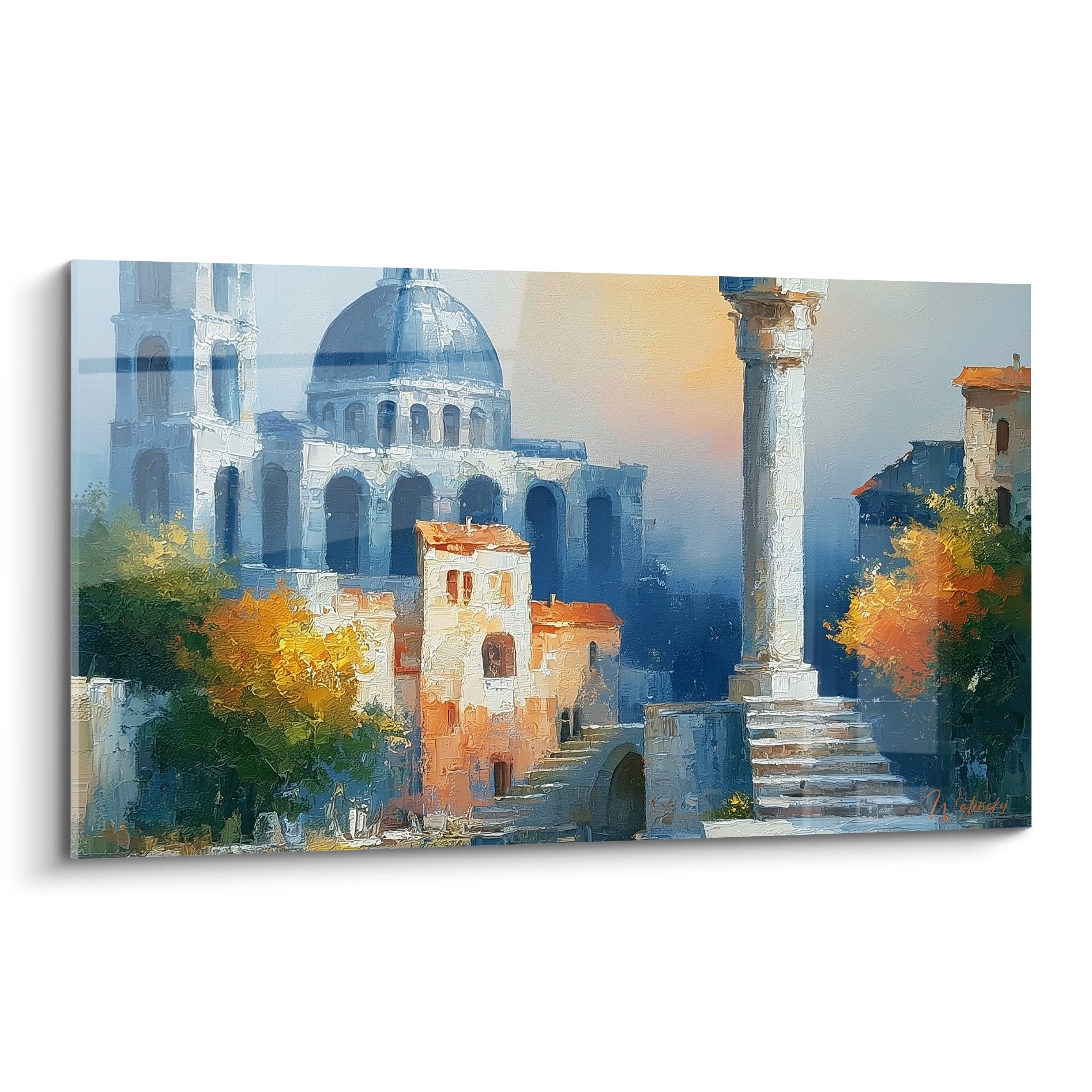 Dôme bleu marine et colonne antique ocre, tableau architecture abstraite au coucher de soleil