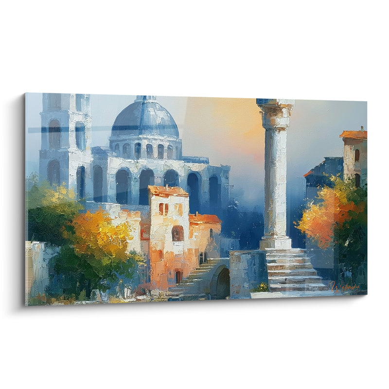 Tableau Dôme et colonne antique bleu ocre - Aube sur les ruines - Edition Architecture abstrait