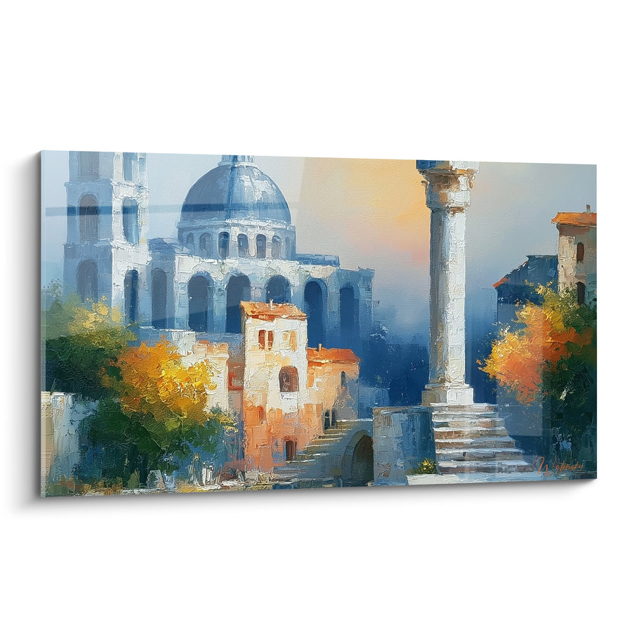 Tableau Dôme et colonne antique bleu ocre - Aube sur les ruines - Edition Architecture abstrait