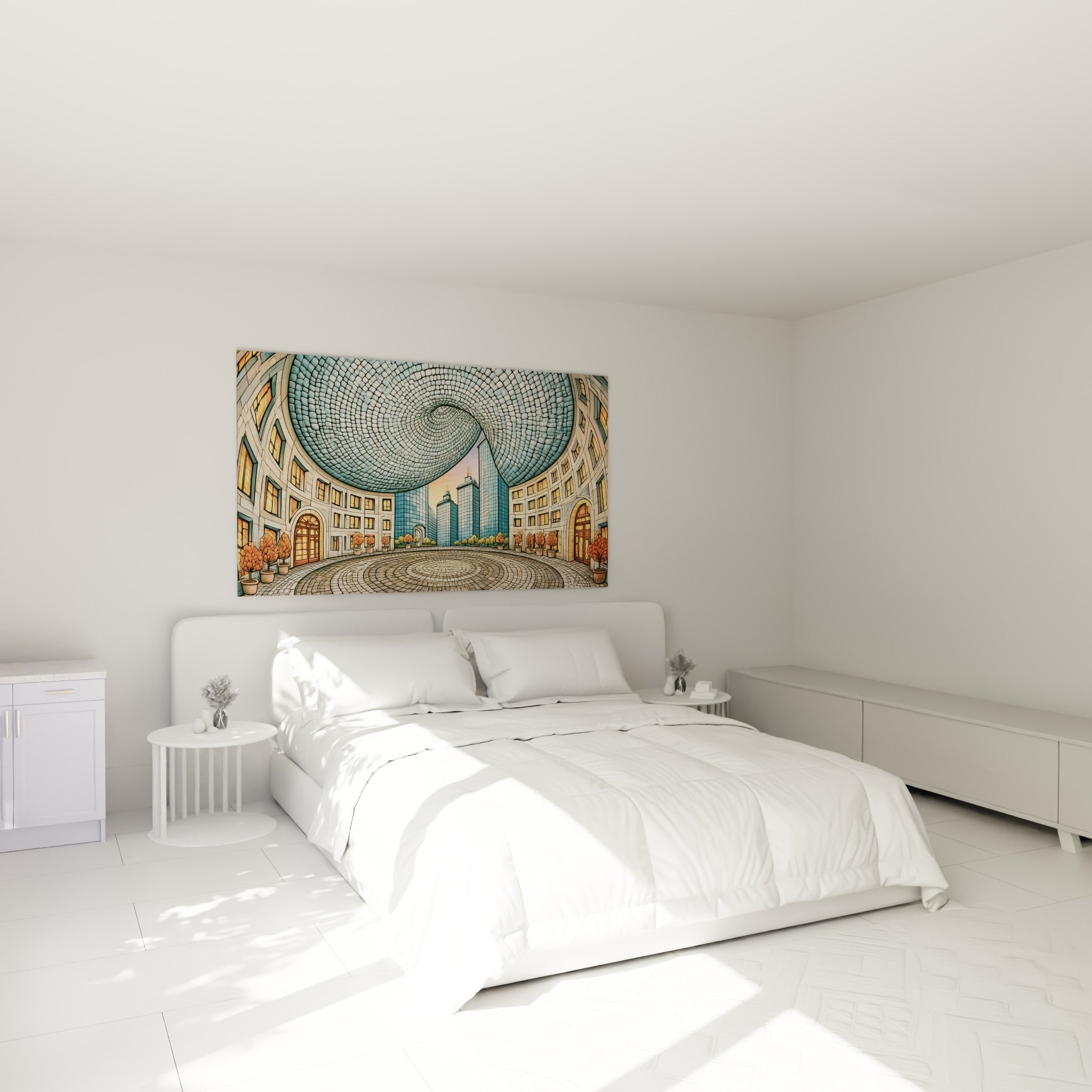 Dôme pavé bleu et façades beige se déployant au-dessus d'un lit dans une chambre claire
