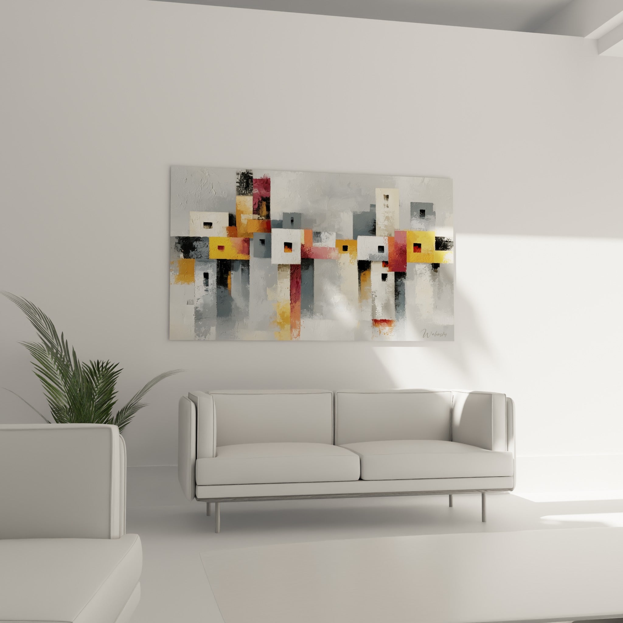 Structure urbaine grise et dorée d'une architecture abstraite au-dessus d'un canapé dans un salon lumineux