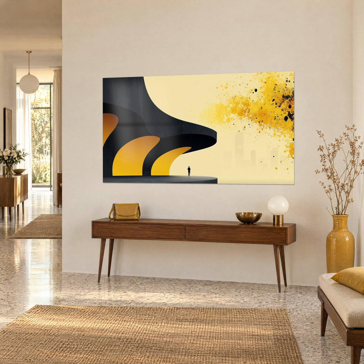 Tableau architecture abstraite aux courbes anthracite et safran, homme solitaire, ciel crème, au-dessus d'une console en bois dans l'entrée