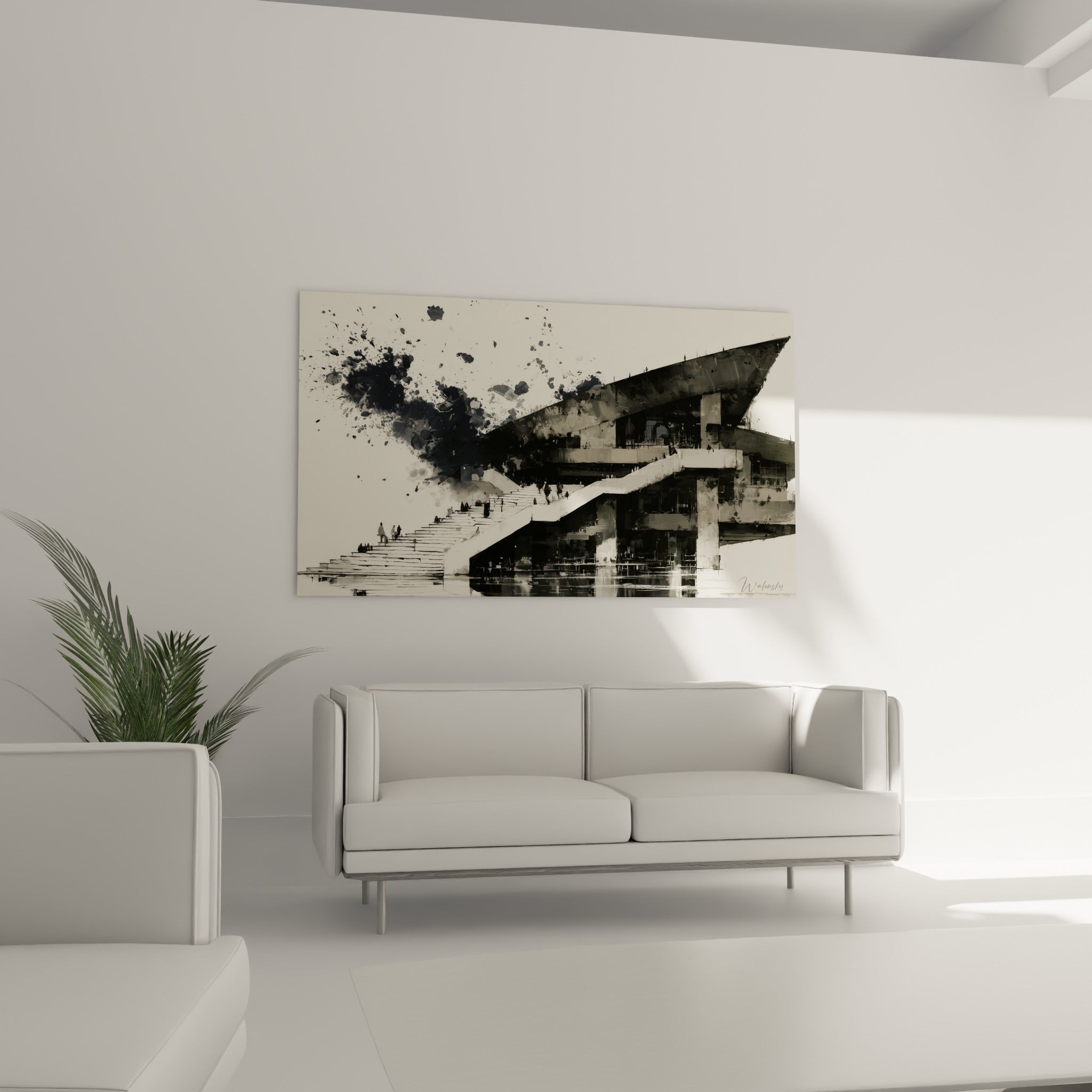 Structure architecturale noire et blanc cassé traversée d'encre, accrochée au-dessus d'un canapé dans un salon lumineux