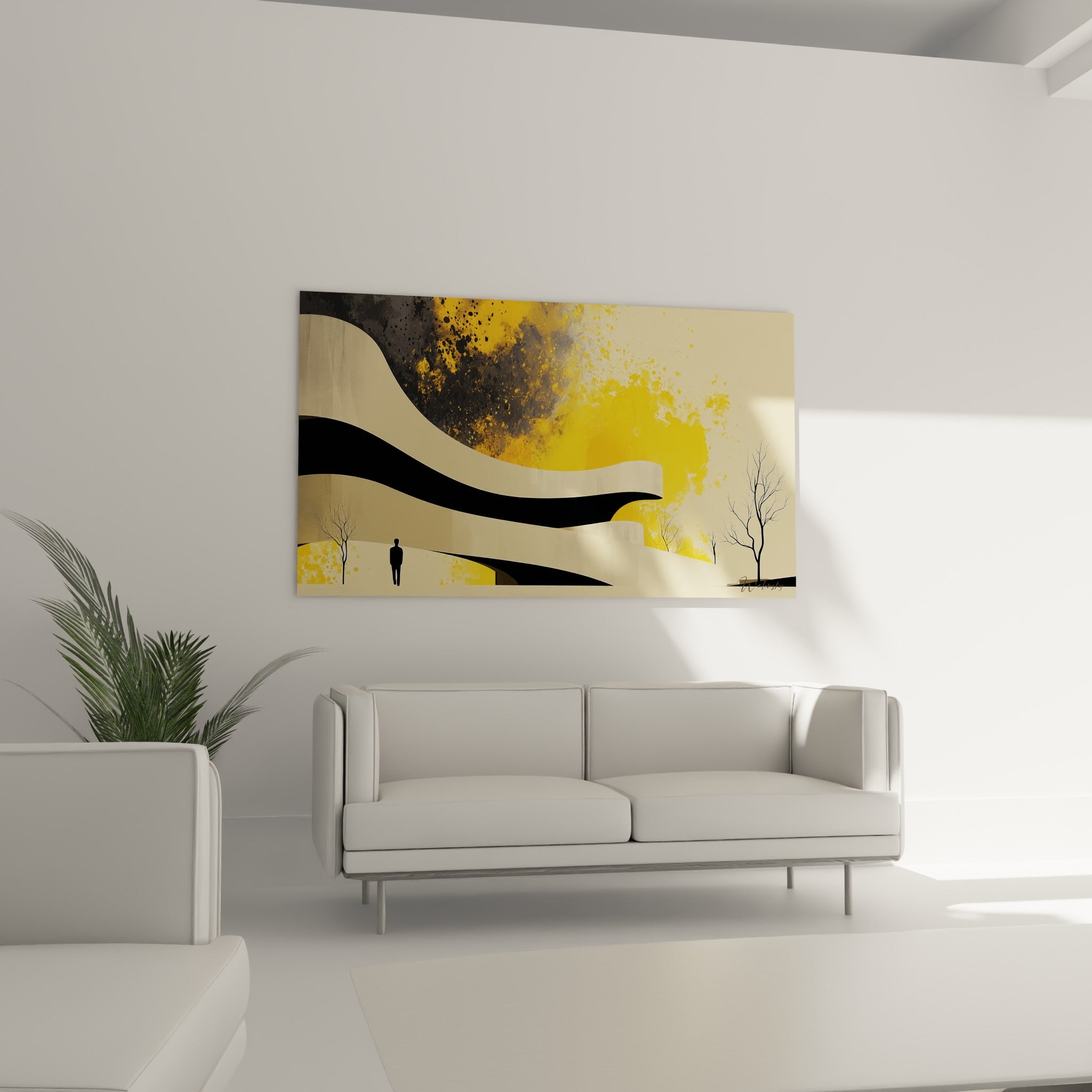 Composition graphique anthracite et dorée d'une architecture abstraite au-dessus d'un canapé dans un salon lumineux