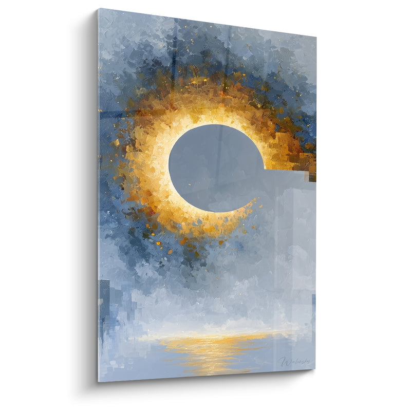 Golden Eclipse Painting with Slate Blue Reflections - Celestial Breath - Abstract Architecture Edition