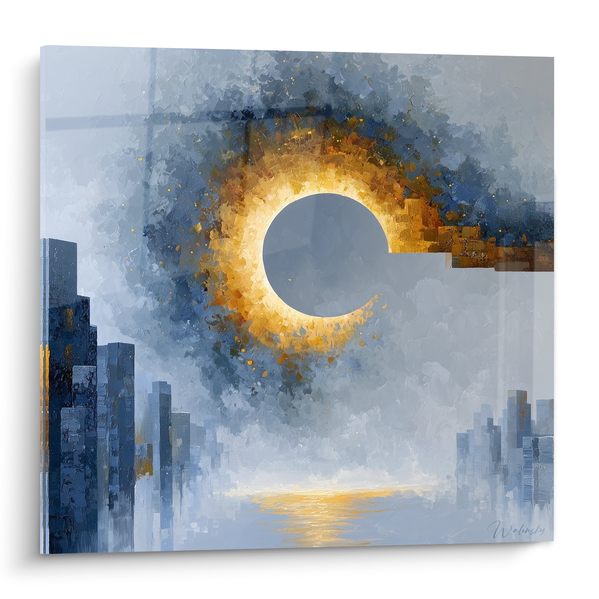 Éclipse dorée architecture abstraite entourée de tours bleu marine et anthracite en gros plan