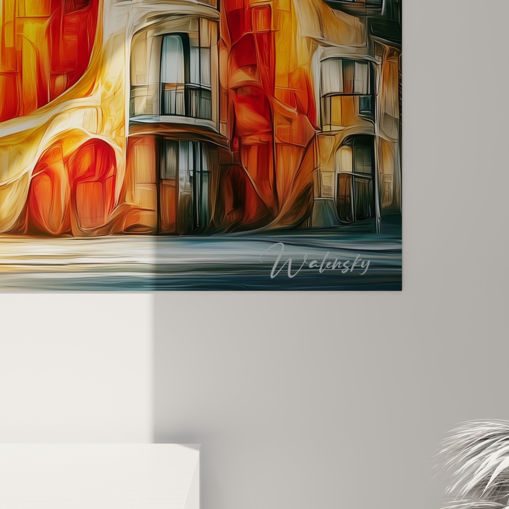 Empâtements orange et doré se mêlant aux fenêtres bleutées, coulures épaisses visibles sur la toile