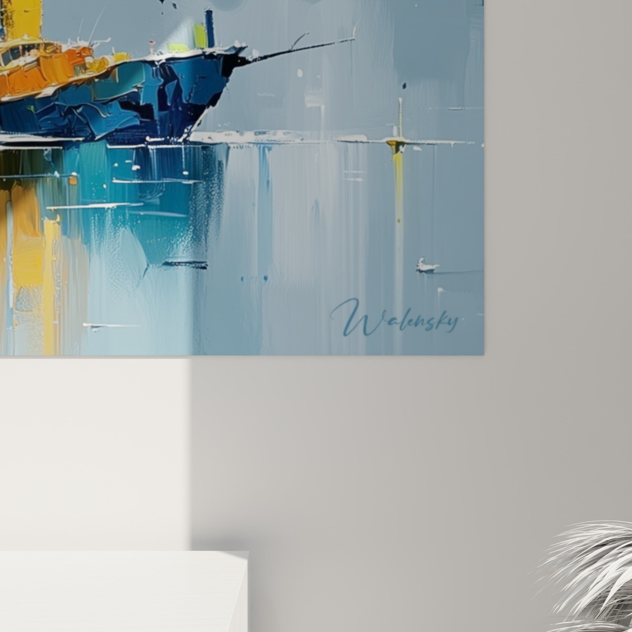 Empâtements orange, jaune et violet côtoyant le bleu profond de l'eau, matière épaisse et coulures visibles