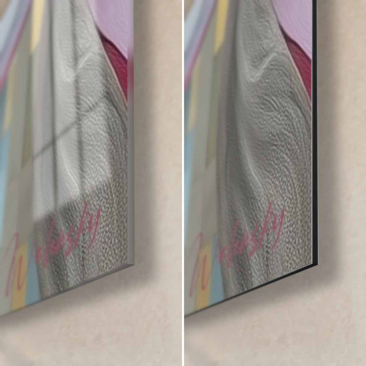 Tableau tour de béton aux vitres rose pâle, coin bas droit : verre acrylique brillant à gauche, alu Dibond mat gris à droite, tranche de 3 mm