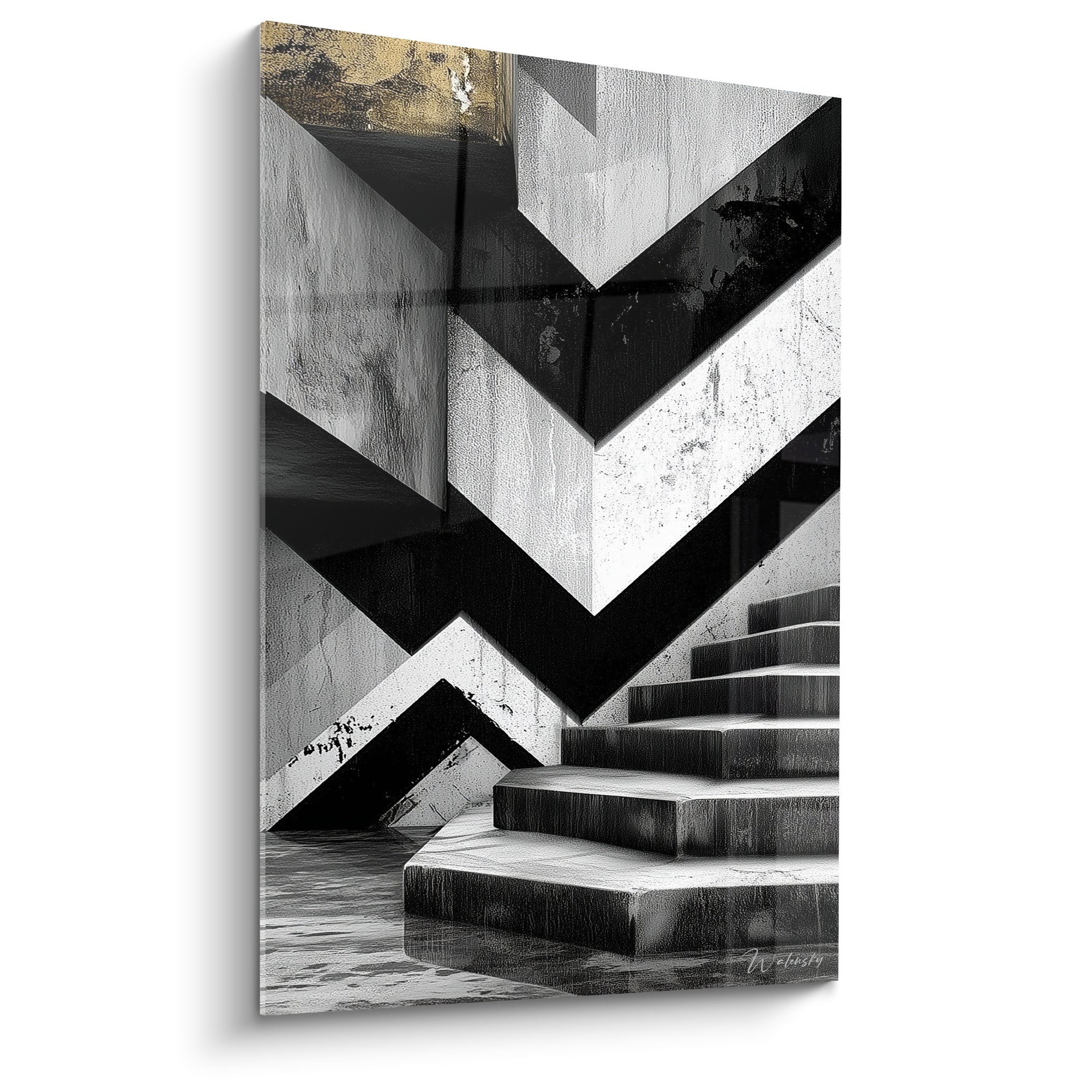 Escalier anthracite et blanc en zigzag avec touche dorée, composition architecture abstraite saisissante