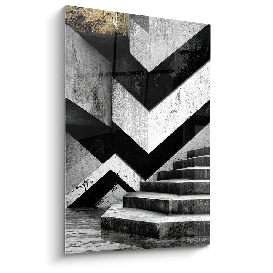 Gemälde Treppe anthrazit und weiß mit Zickzack – Strukturtaumel – Architektur Edition abstrakte Kunst
