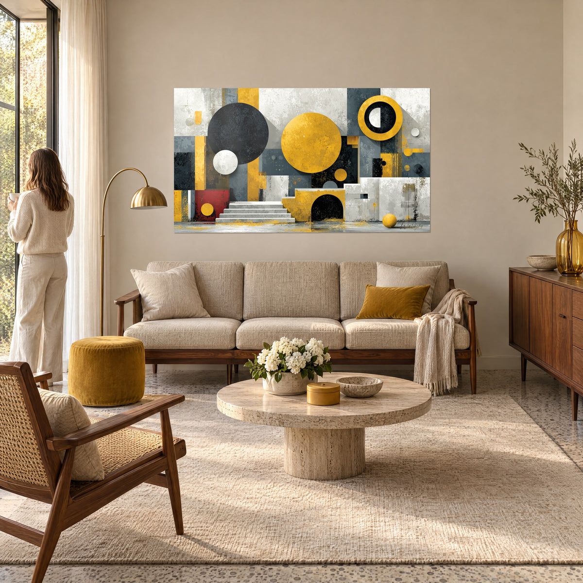Tableau grand disque doré moucheté sur fond gris, cercle noir et marches blanches, au-dessus d'un canapé dans un salon lumineux