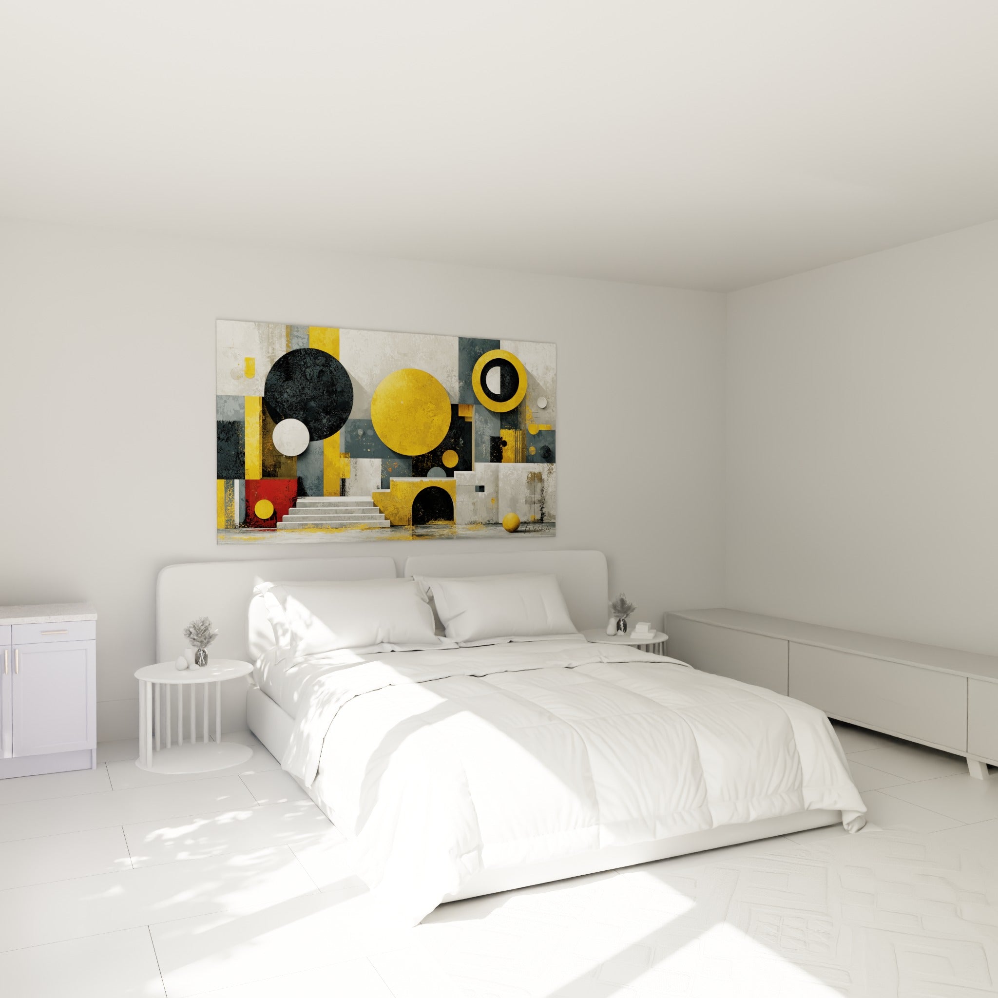 Formes géométriques dorées et grises d'une œuvre abstraite au-dessus d'un lit dans une chambre claire