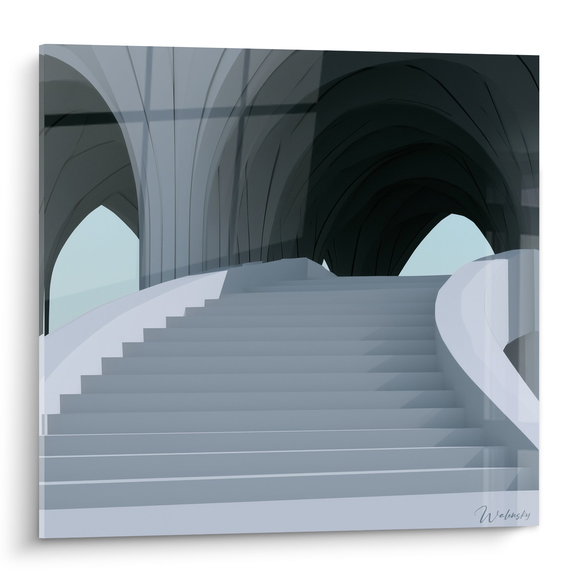 Escalier blanc et arches anthracite en architecture abstraite, perspective ascendante vers une lumière bleu pastel