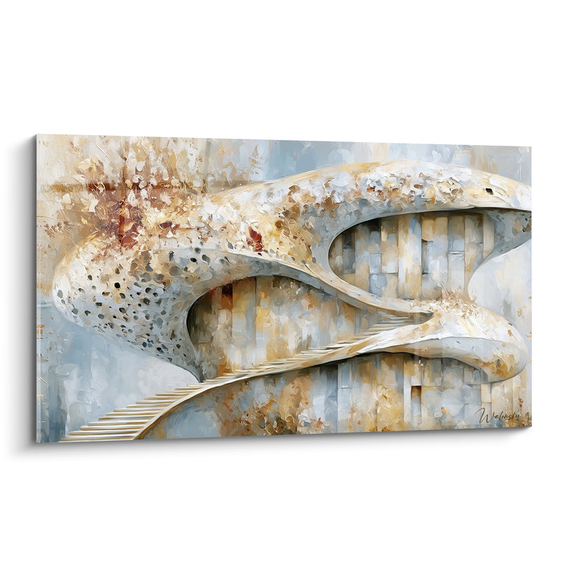 Tableau Escalier sculptural blanc et doré - Ascension suspendue - Edition Architecture abstrait