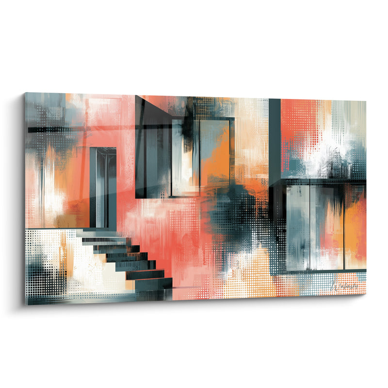 Tableau Escalier corail et anthracite aux fenêtres superposées - Motif pointillé texturé - Edition Architecture abstrait