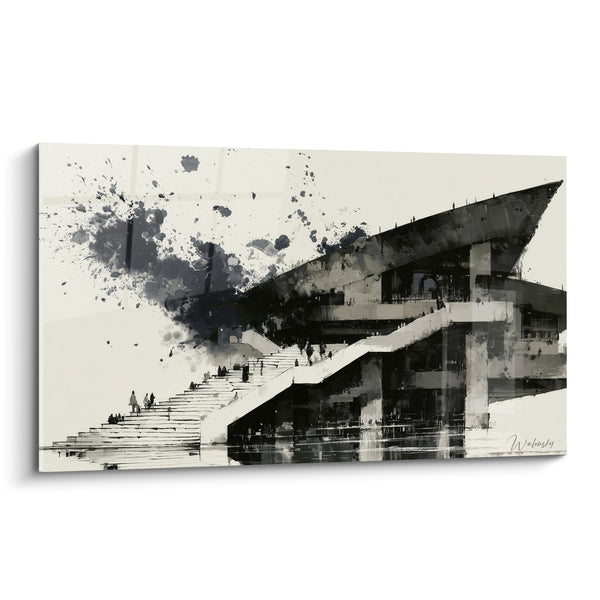 Cuadro Escalera monumental blanco y negro salpicado de tinta - Siluetas de transeúntes - Edición Arquitectura abstracta