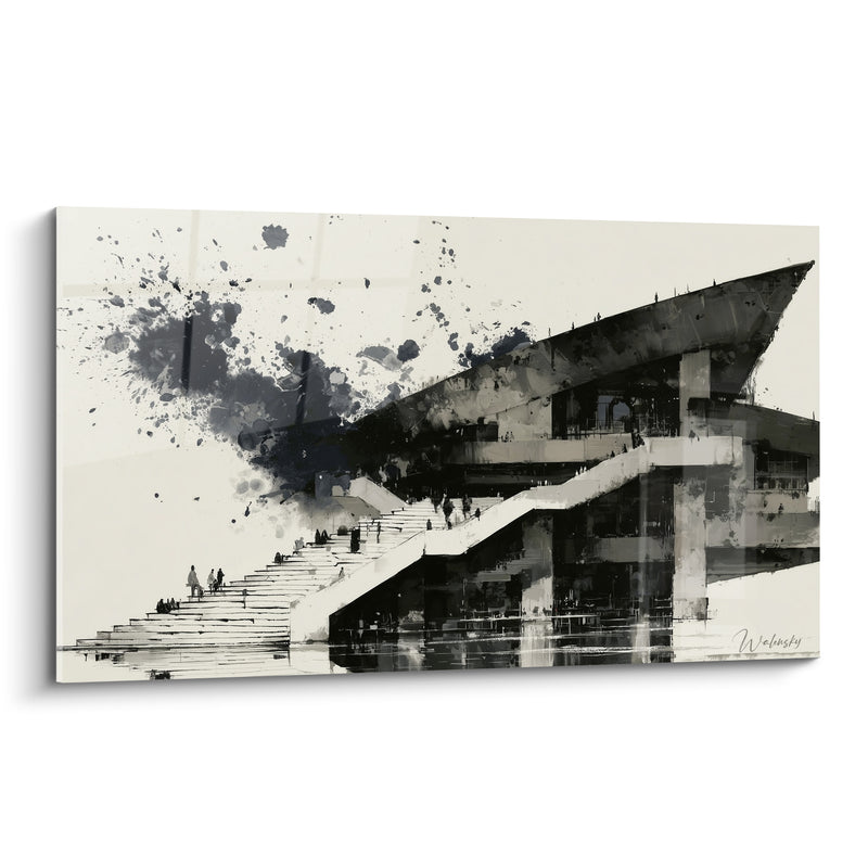 Tableau Escalier monumental noir et blanc éclaboussé d'encre - Silhouettes de passants - Edition Architecture abstrait