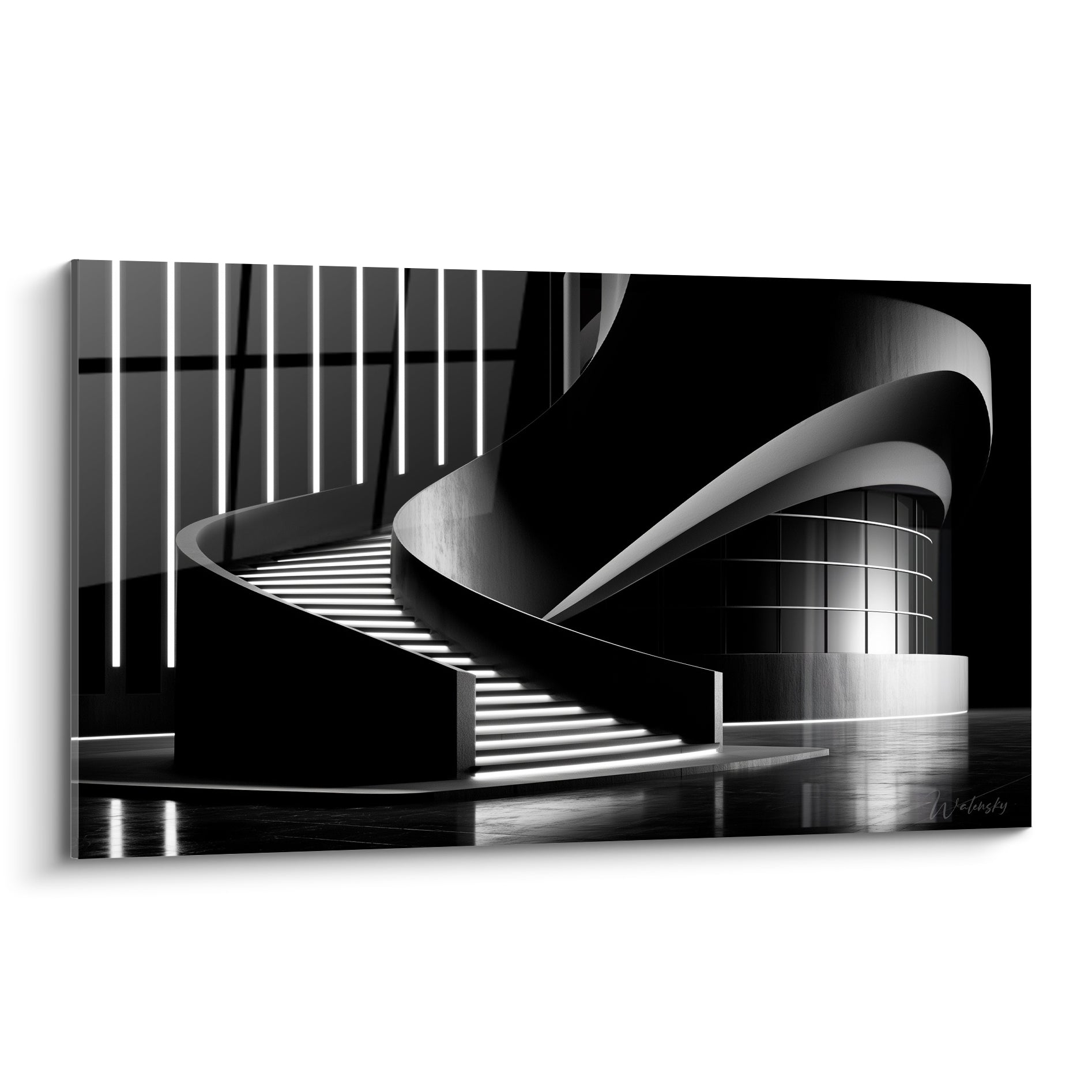 Escalier hélicoïdal noir aux marches blanches lumineuses, architecture abstraite contemporaine