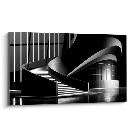 Escalier hélicoïdal noir aux marches blanches lumineuses, architecture abstraite contemporaine