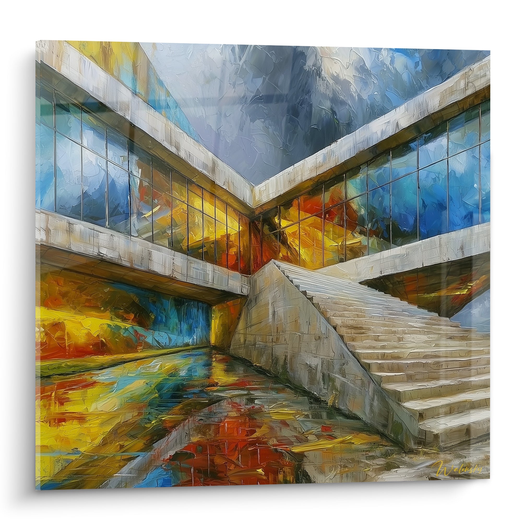 Escalier de pierre grise et vitrages ocre et bleu marine, peinture au couteau texturée