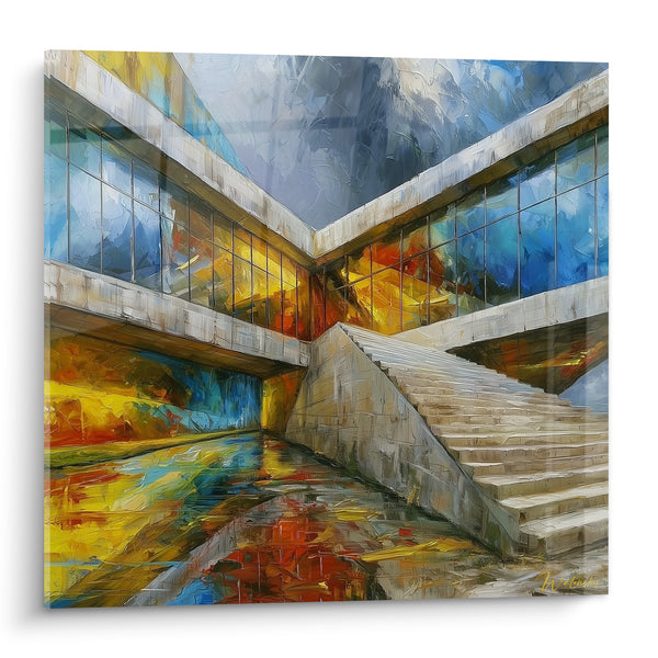 Cuadro Escalera gris y azul en el estanque reflectante - Simetría en ángulo - Edición Arquitectura abstracta