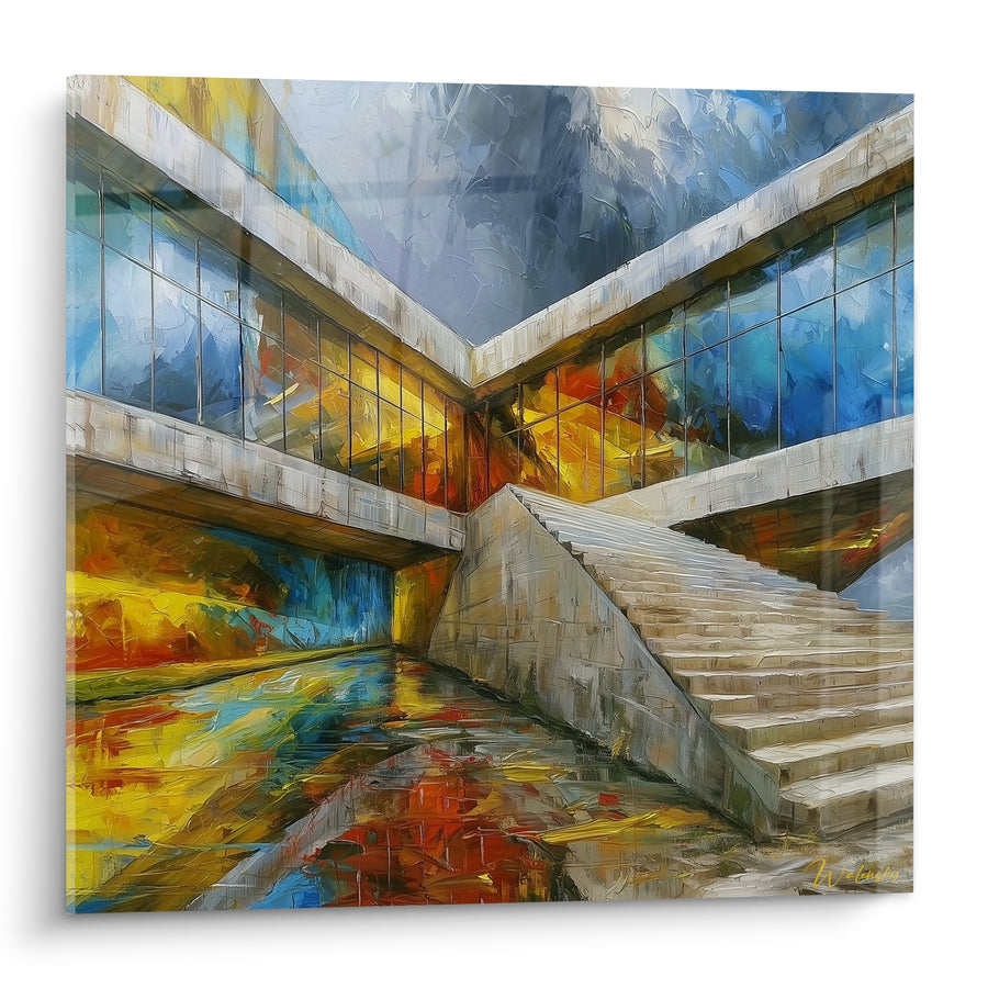 Gemälde Treppe grau und blau am spiegelnden Becken - Symmetrie im Winkel - Edition Architektur abstrakt