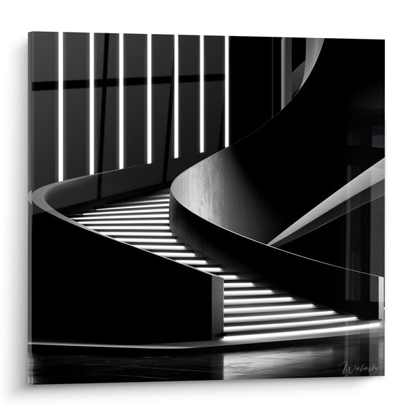 Cuadro Escalera negra con curvas luminosas - Vertigo nocturno - Edición Arquitectura abstracta