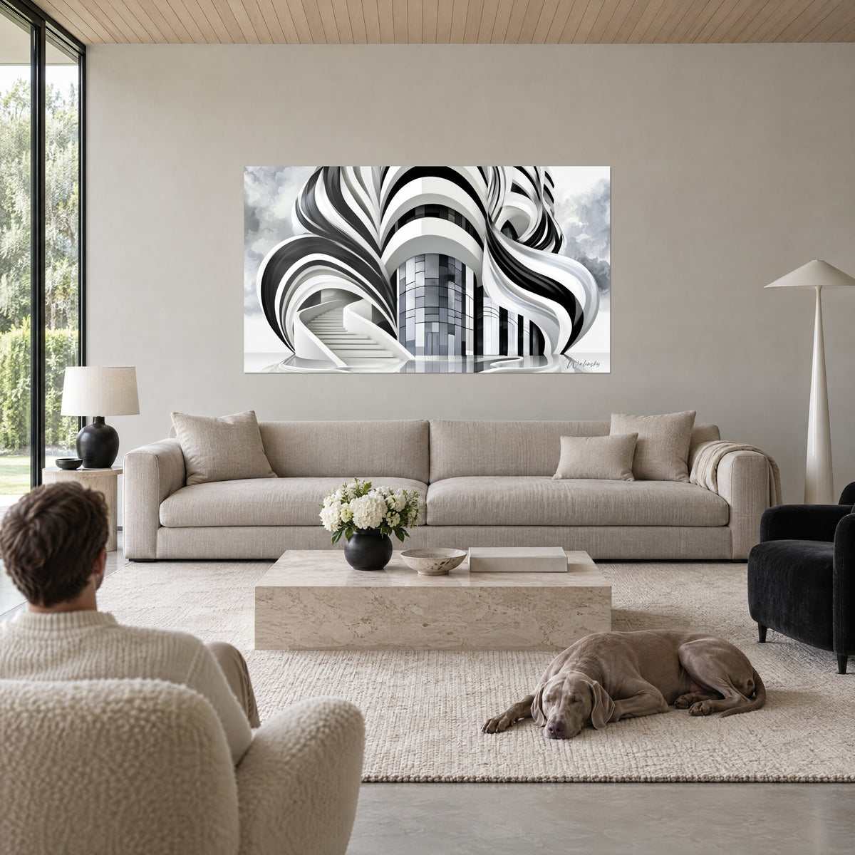 Gemälde Turm aus Glas umschlungen von schwarzen und weißen Bändern, Wendeltreppe, Mann von hinten, über einem Sofa in einem hellen Wohnzimmer
