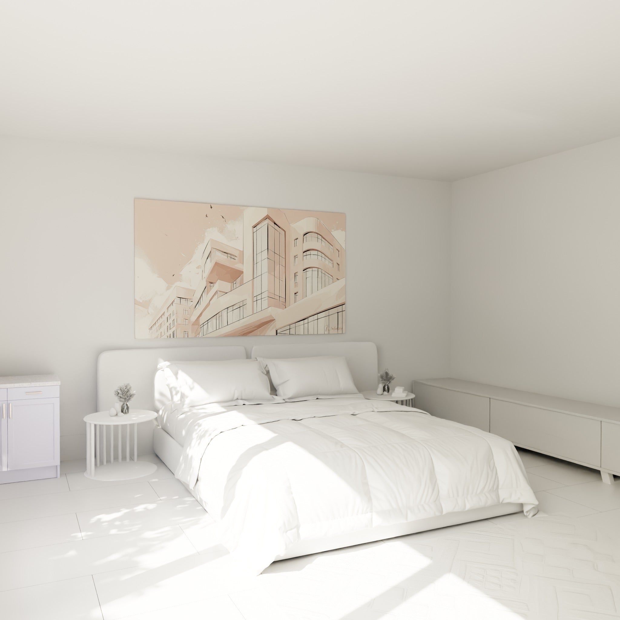 Façades rose poudré et crème aux lignes architecturales fines, accrochées au-dessus d'un lit dans une chambre claire