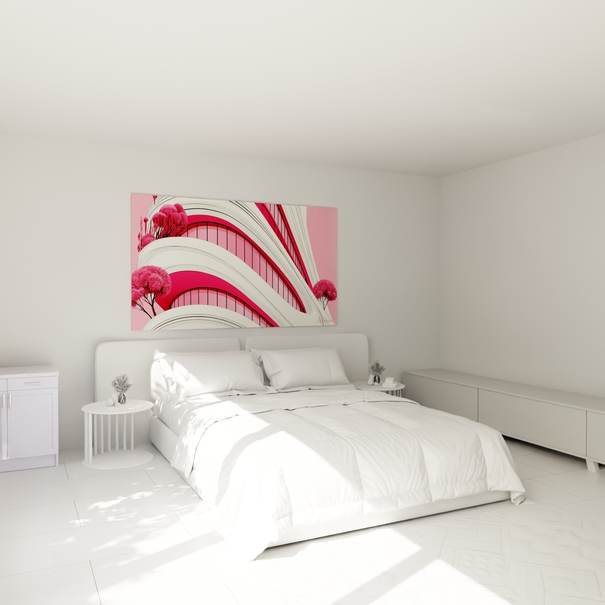 Façade courbe rose fuchsia et blanche accrochée au-dessus d'un lit dans une chambre claire